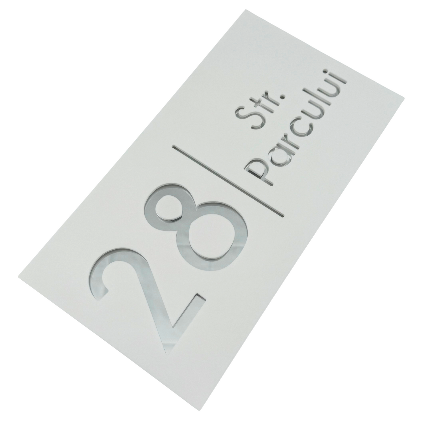 PREMIUM HOUSE NUMBER - White Satin Silver Mirror - 28×15 cm