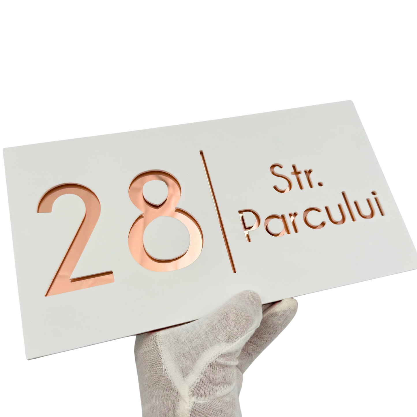 PREMIUM HOUSE NUMBER - White Satin Rose Gold Mirror - 28×15 cm