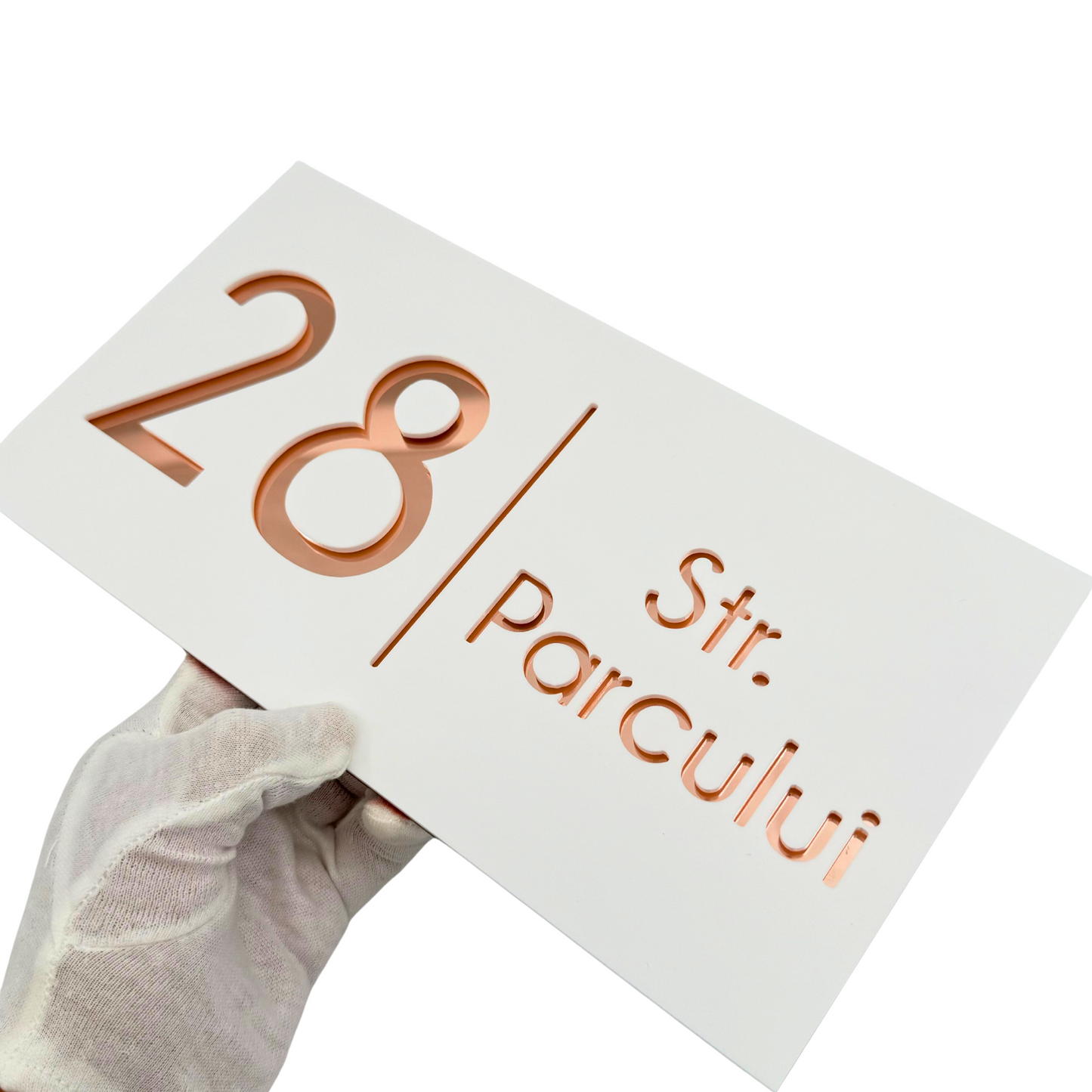 PREMIUM HOUSE NUMBER - White Satin Rose Gold Mirror - 28×15 cm