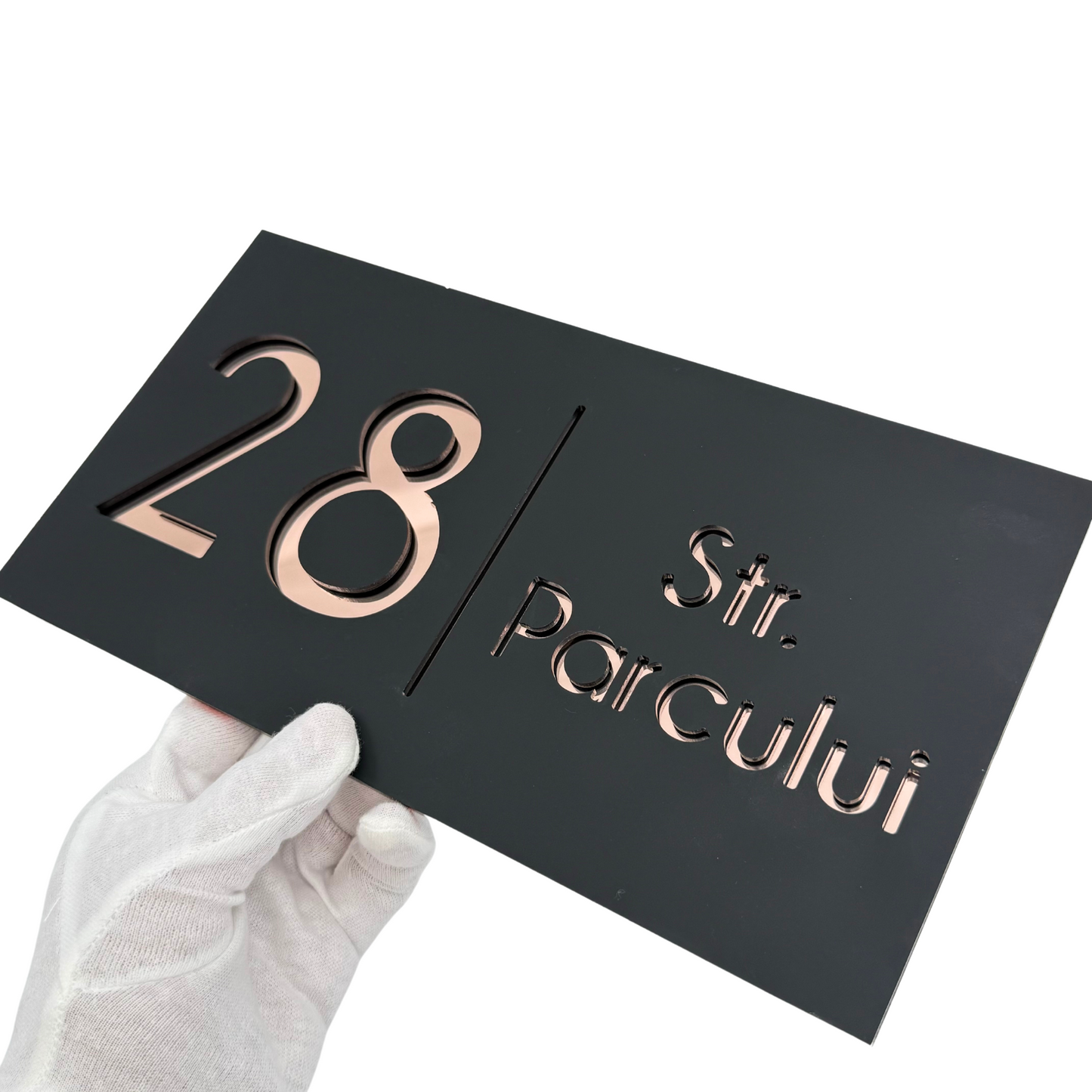 PREMIUM HOUSE NUMBER - Satin Black Rose Gold Mirror - 28×15 cm