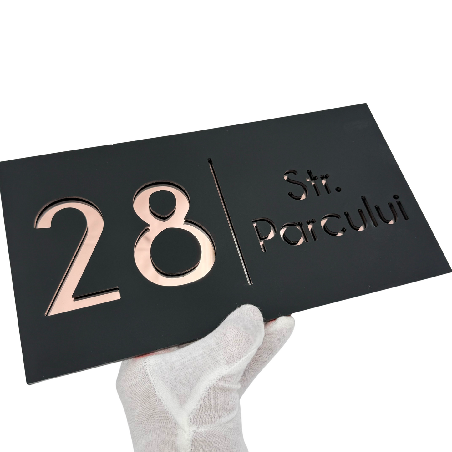 PREMIUM HOUSE NUMBER - Satin Black Rose Gold Mirror - 28×15 cm