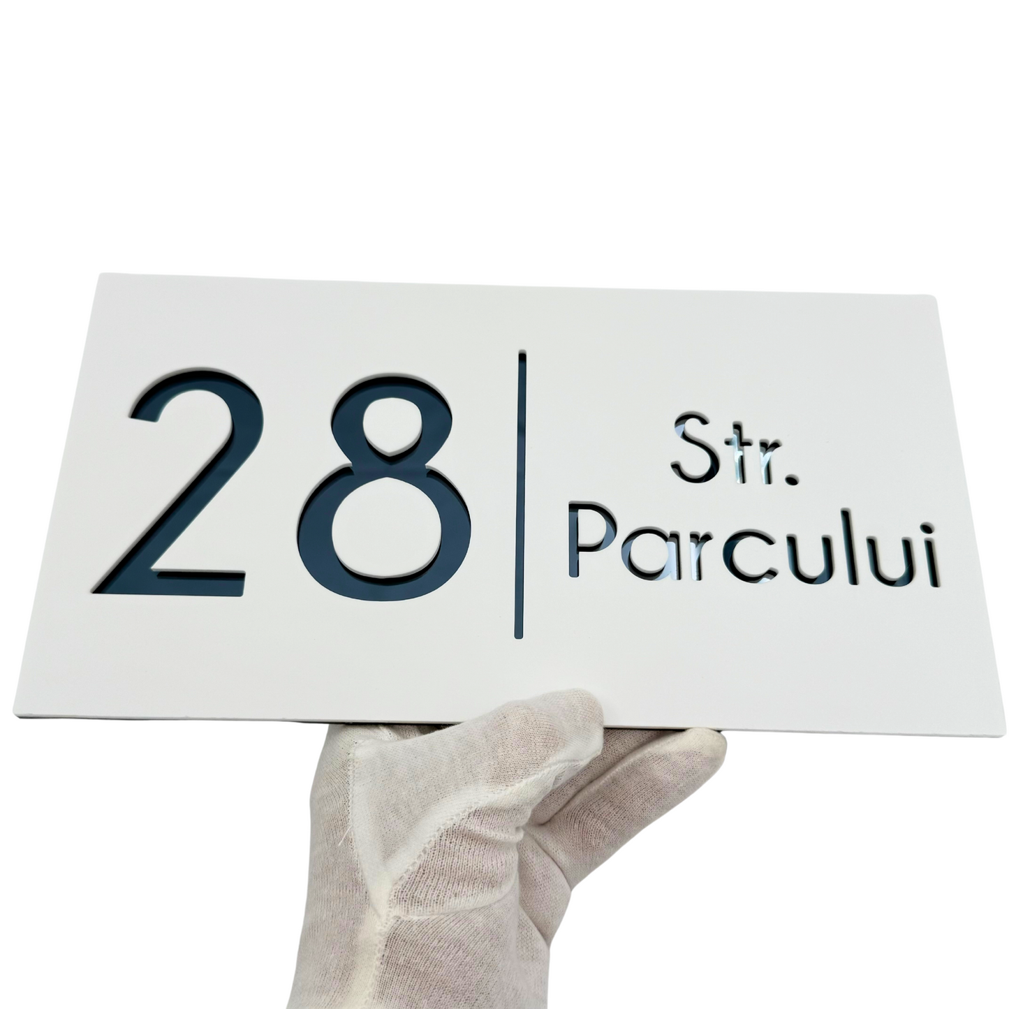 PREMIUM HOUSE NUMBER - White Satin Anthracite Grey Mirror - 28×15 cm