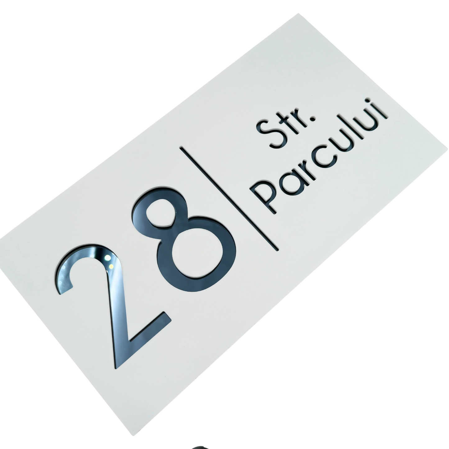 PREMIUM HOUSE NUMBER - White Satin Anthracite Grey Mirror - 28×15 cm