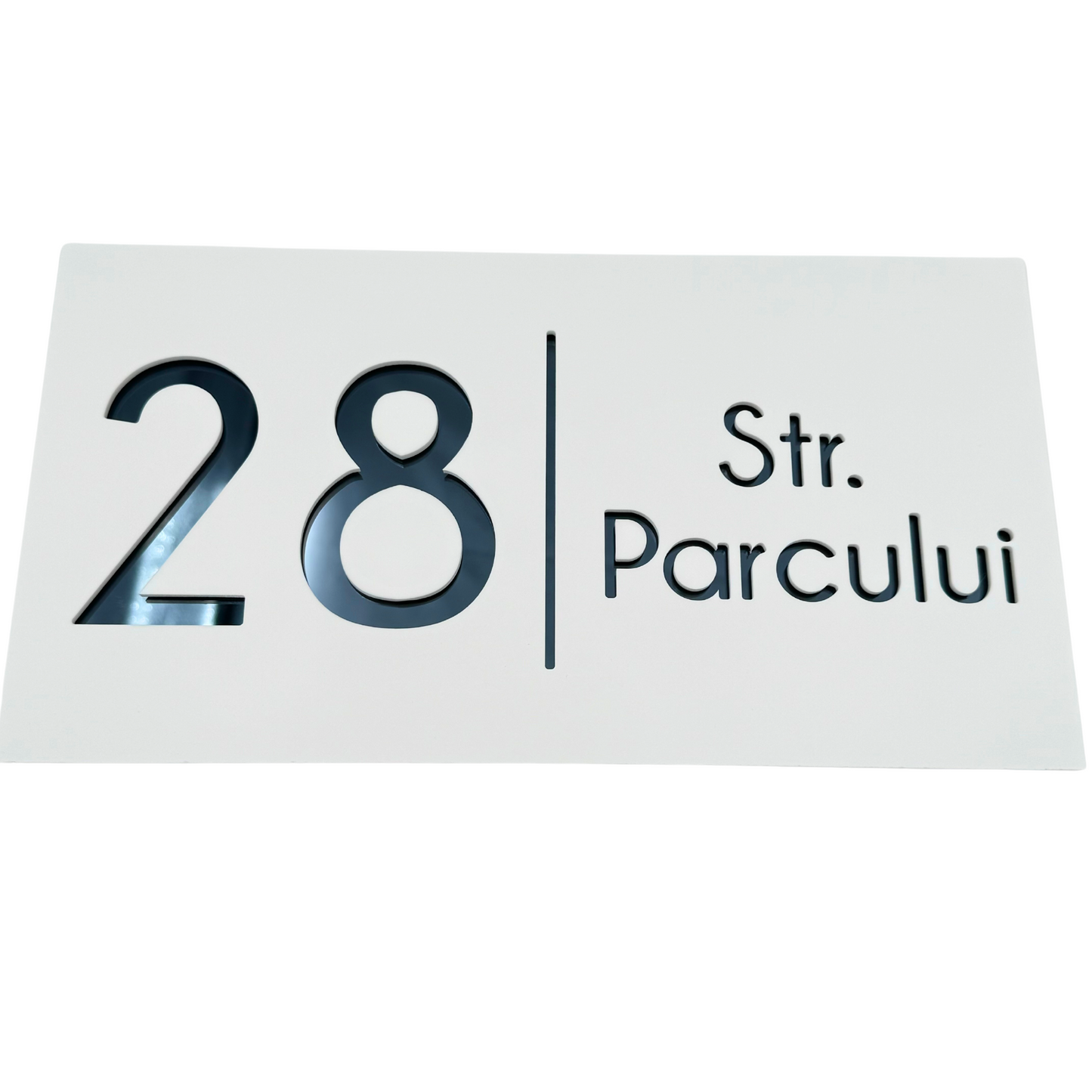 PREMIUM HOUSE NUMBER - White Satin Anthracite Grey Mirror - 28×15 cm