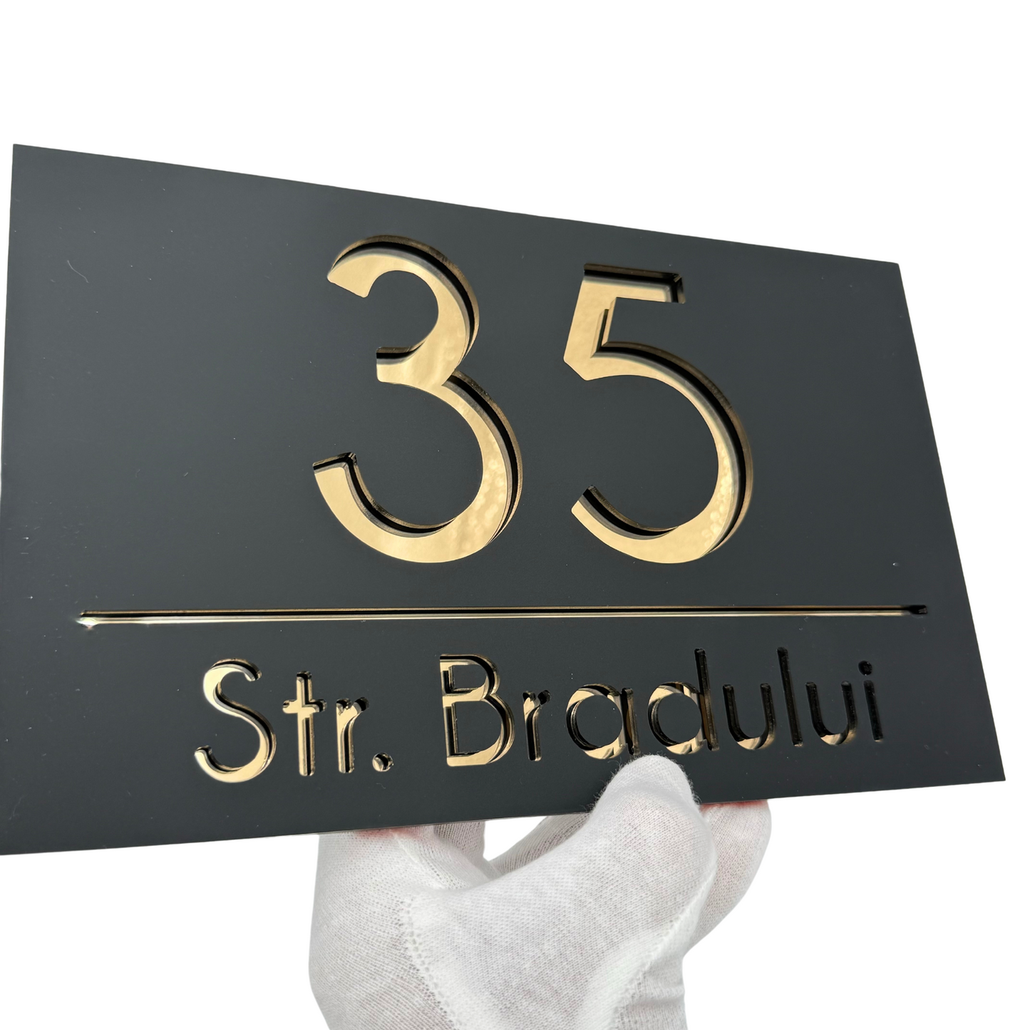 PREMIUM HOUSE NUMBER - Satin Black Gold Mirror - 24×15 cm