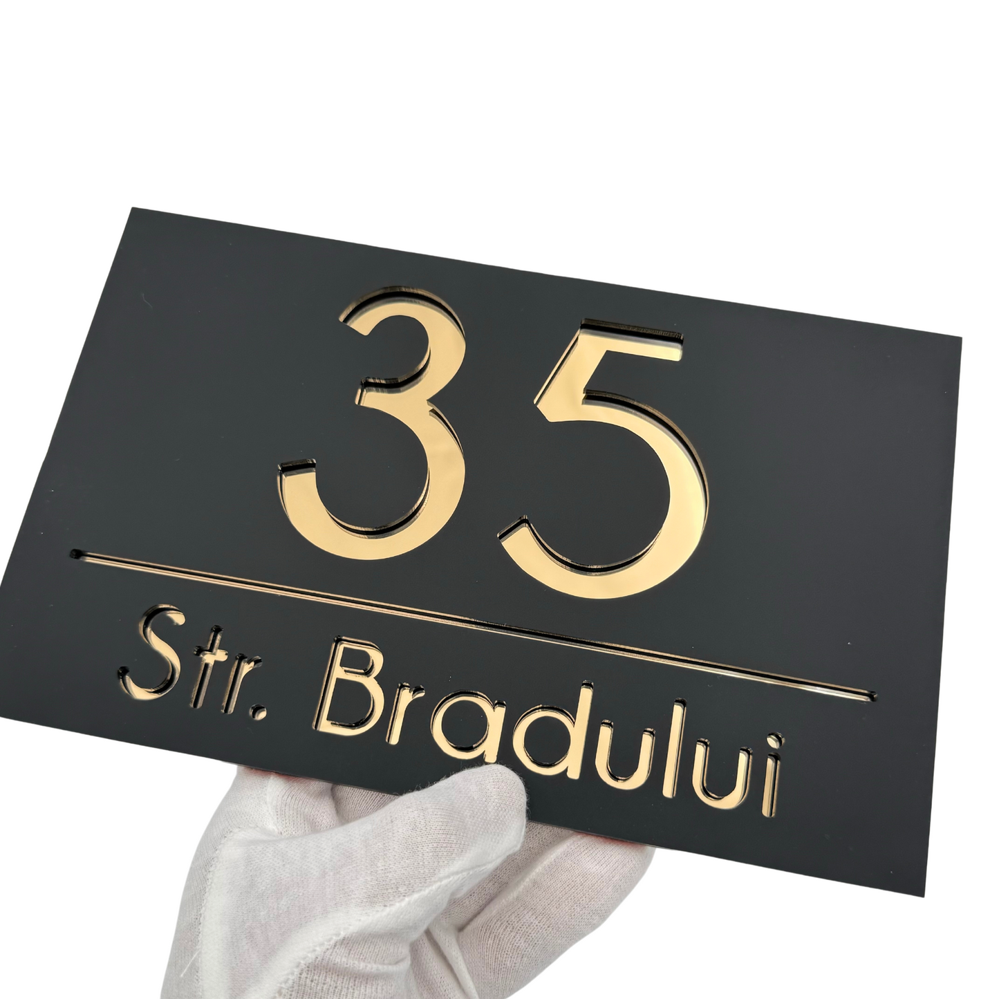 PREMIUM HOUSE NUMBER - Satin Black Gold Mirror - 24×15 cm