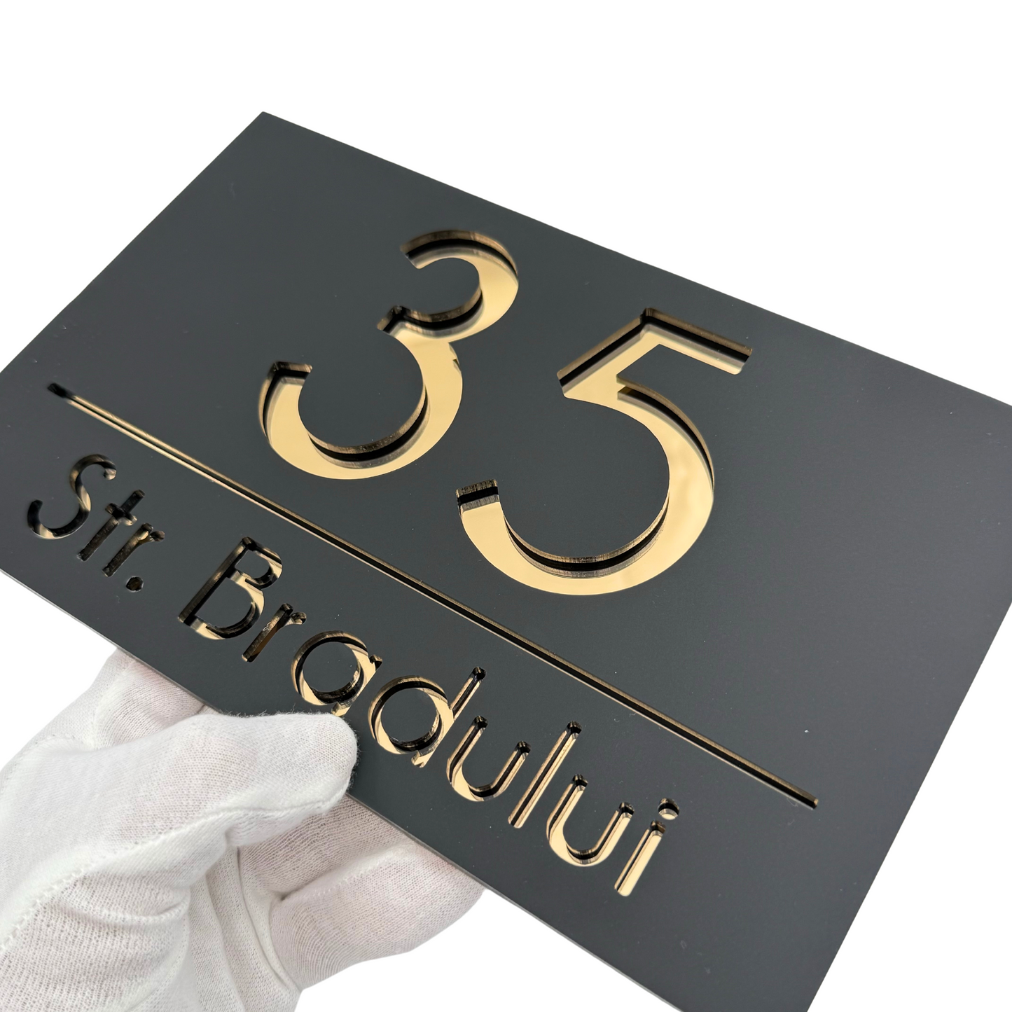PREMIUM HOUSE NUMBER - Satin Black Gold Mirror - 24×15 cm