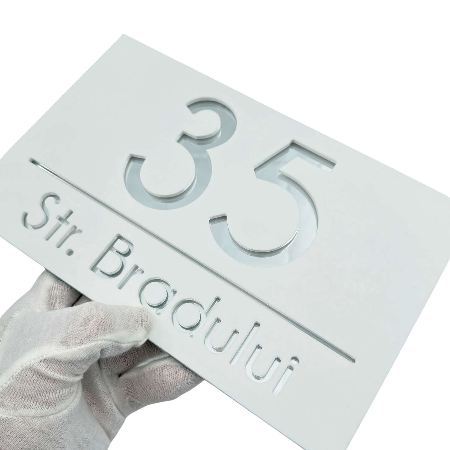 PREMIUM HOUSE NUMBER - White Satin Silver Mirror - 24×15 cm