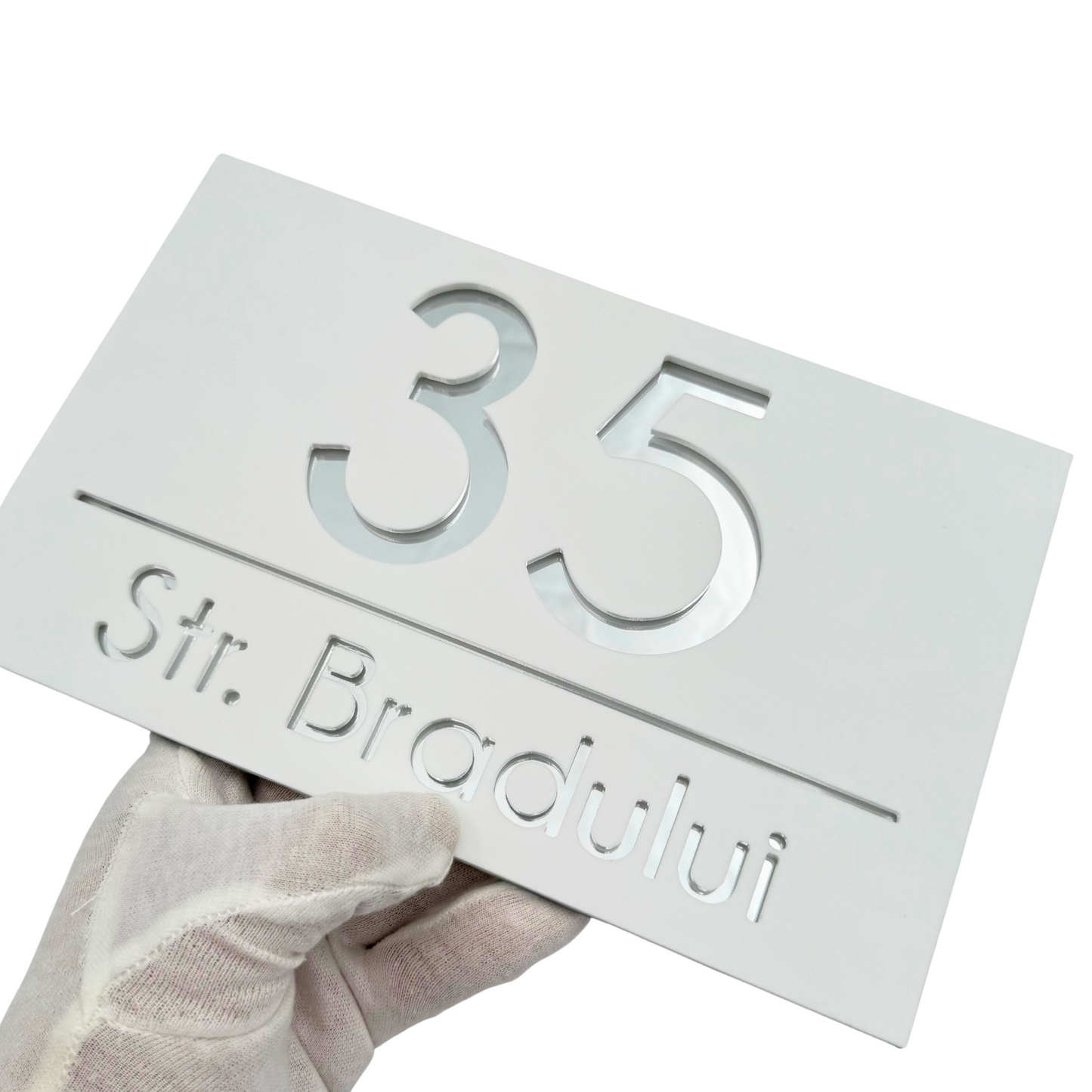 PREMIUM HOUSE NUMBER - White Satin Silver Mirror - 24×15 cm