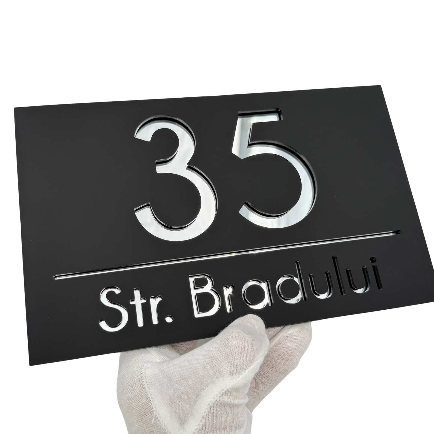PREMIUM HOUSE NUMBER - Satin Black Silver Mirror - 24×15 cm