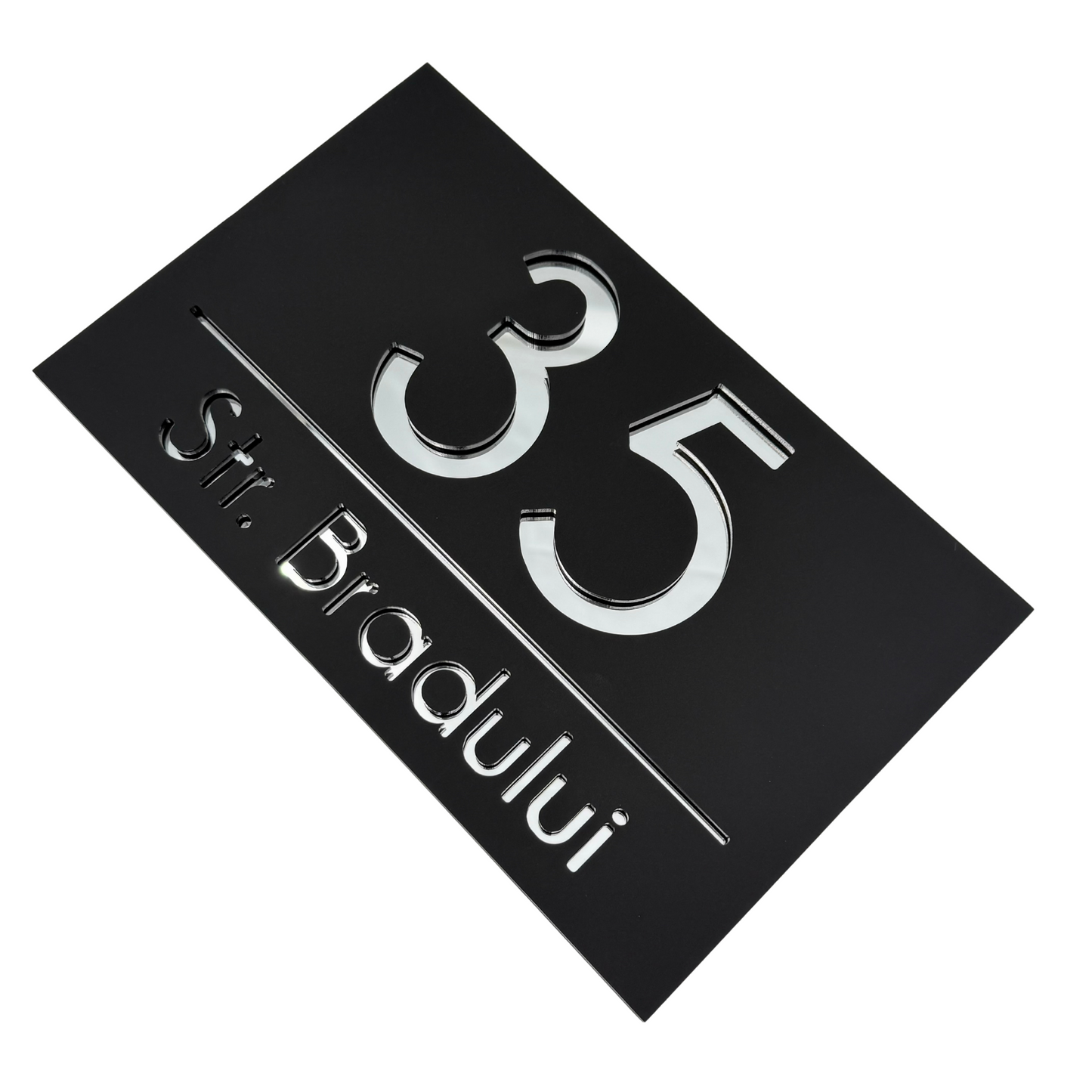 PREMIUM HOUSE NUMBER - Satin Black Silver Mirror - 24×15 cm