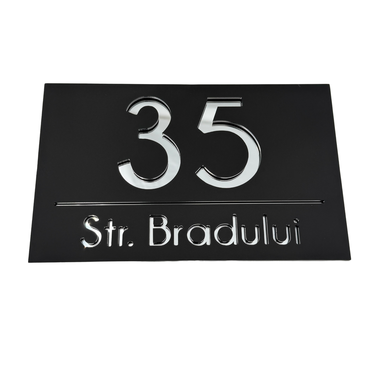 PREMIUM HOUSE NUMBER - Satin Black Silver Mirror - 24×15 cm