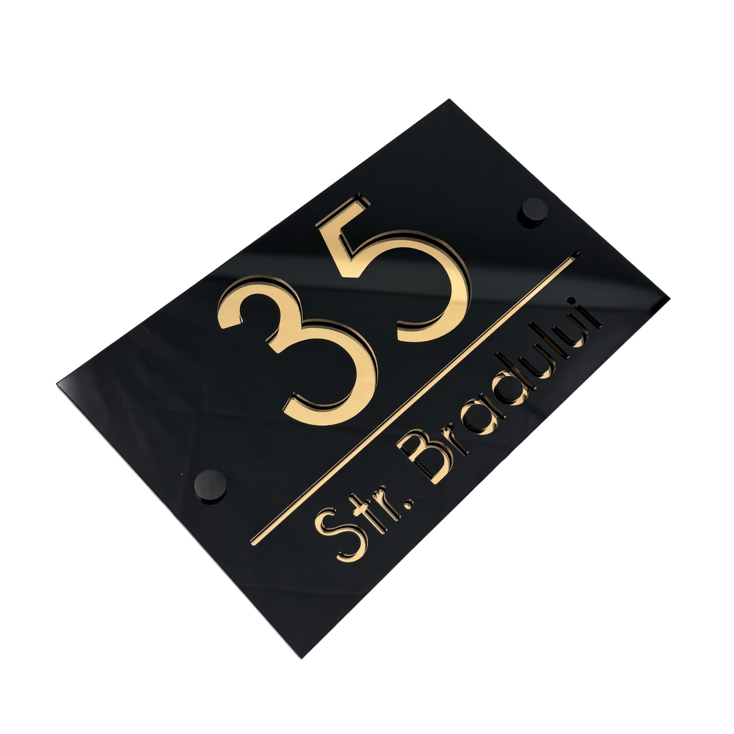 PREMIUM HOUSE NUMBER - Glossy Black Gold Mirror 2 Spacers NeGreyi - 24×15 cm