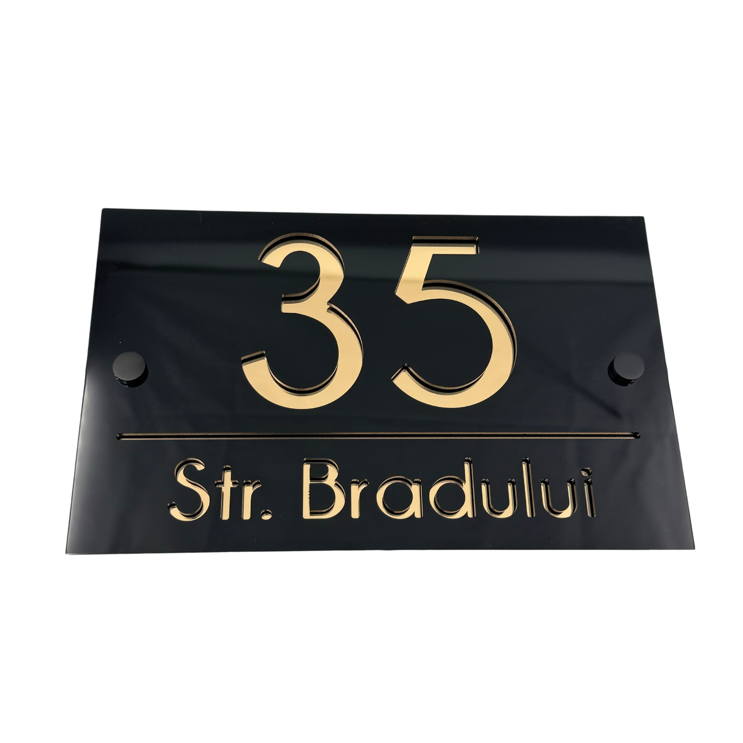 PREMIUM HOUSE NUMBER - Glossy Black Gold Mirror 2 Spacers NeGreyi - 24×15 cm