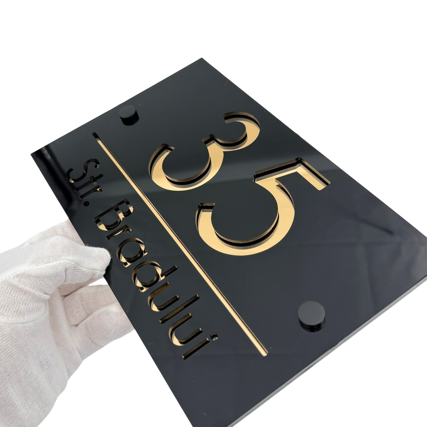 PREMIUM HOUSE NUMBER - Glossy Black Gold Mirror 2 Spacers NeGreyi - 24×15 cm
