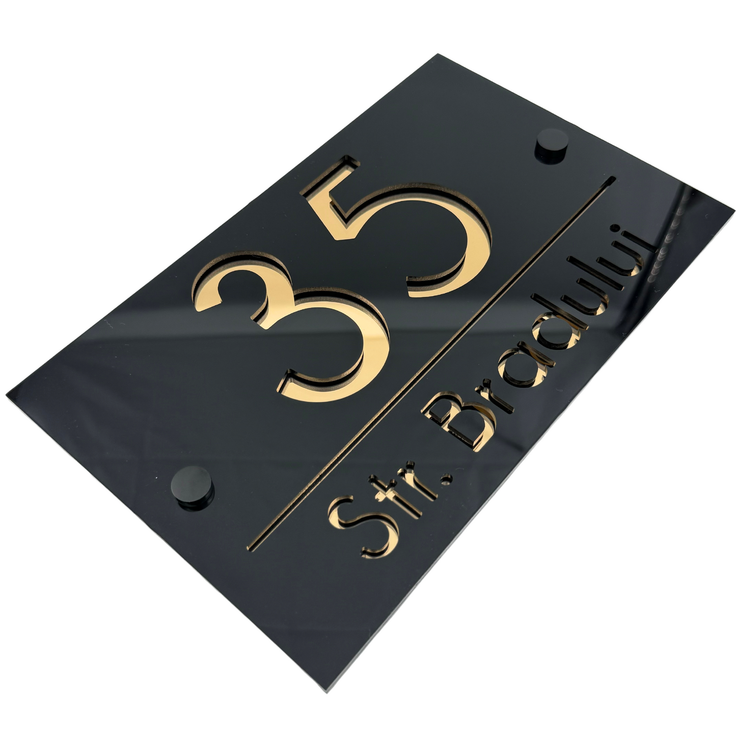 PREMIUM HOUSE NUMBER - Glossy Black Gold Mirror 2 Spacers NeGreyi - 24×15 cm