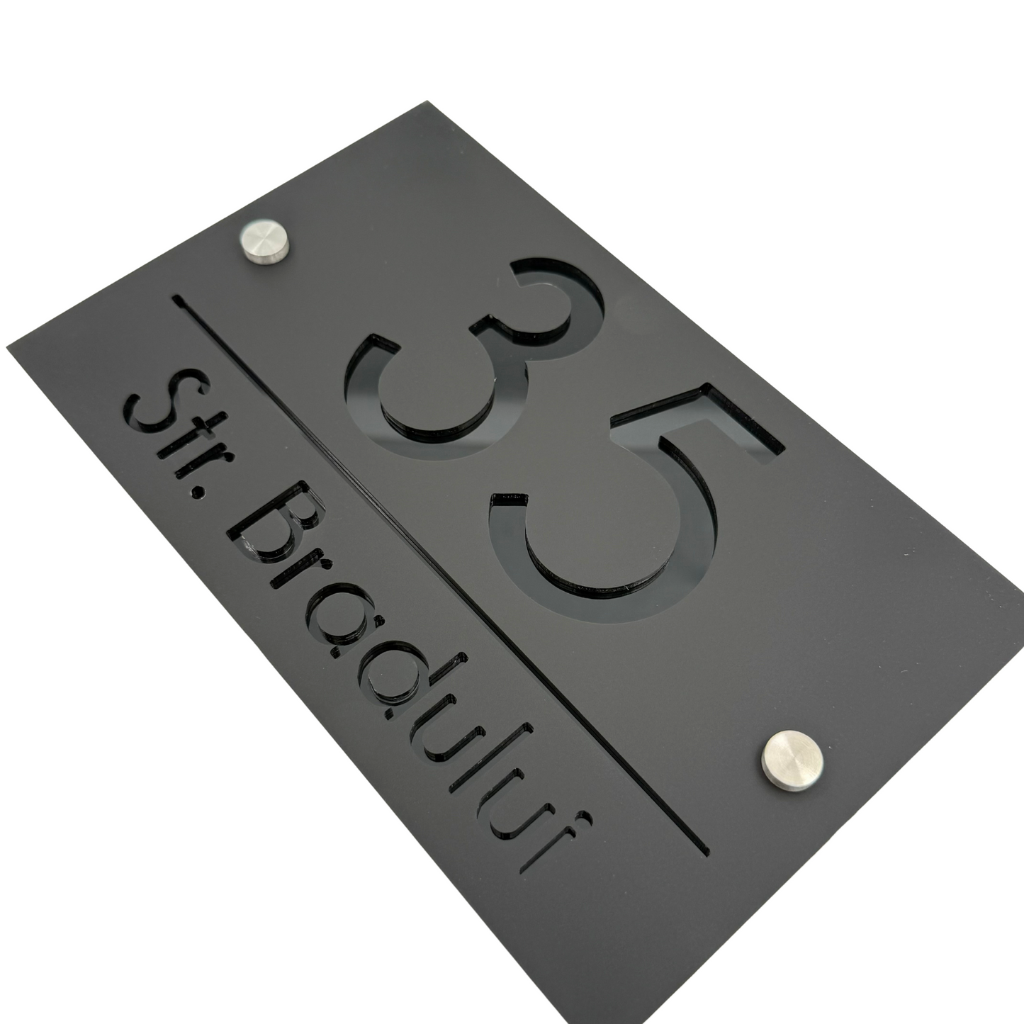 PREMIUM HOUSE NUMBER - Satin Black Glossy Black 2 Spacers Silver - 24×15 cm