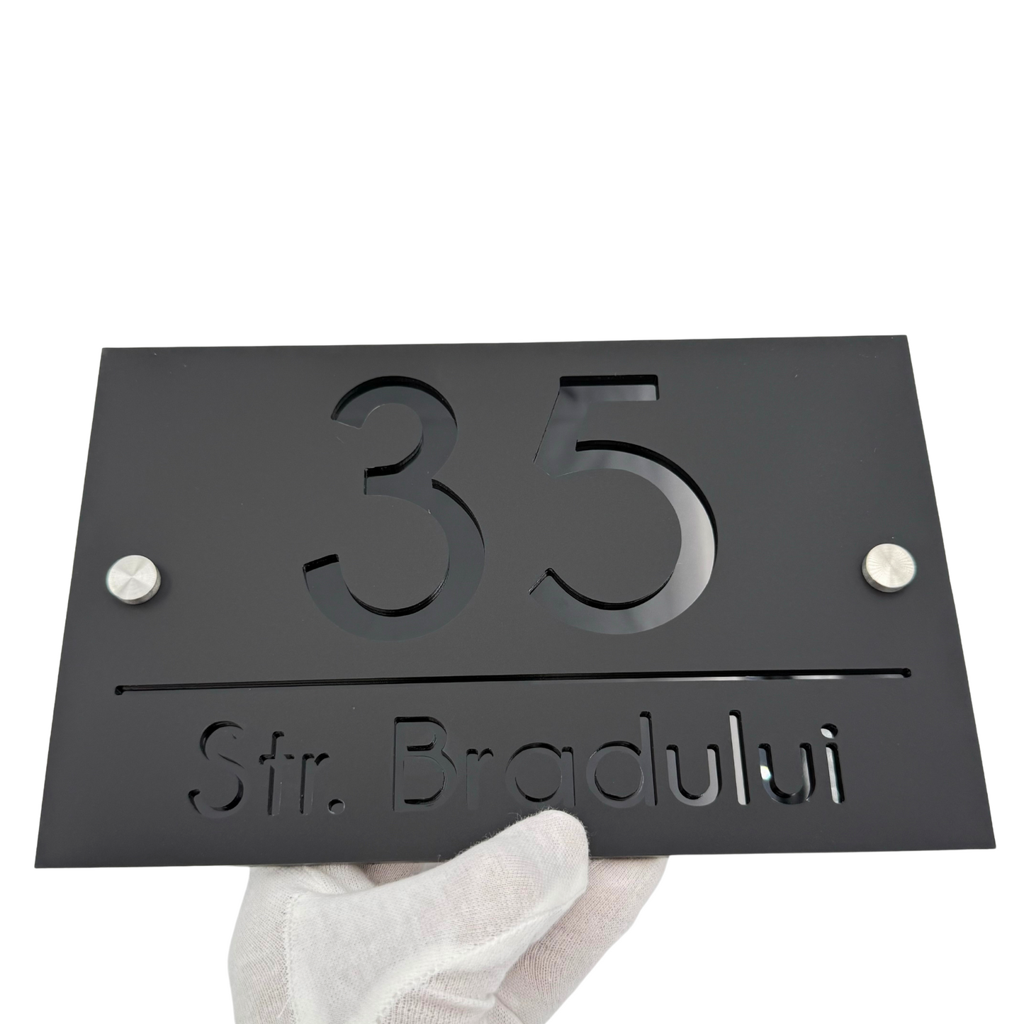 PREMIUM HOUSE NUMBER - Satin Black Glossy Black 2 Spacers Silver - 24×15 cm