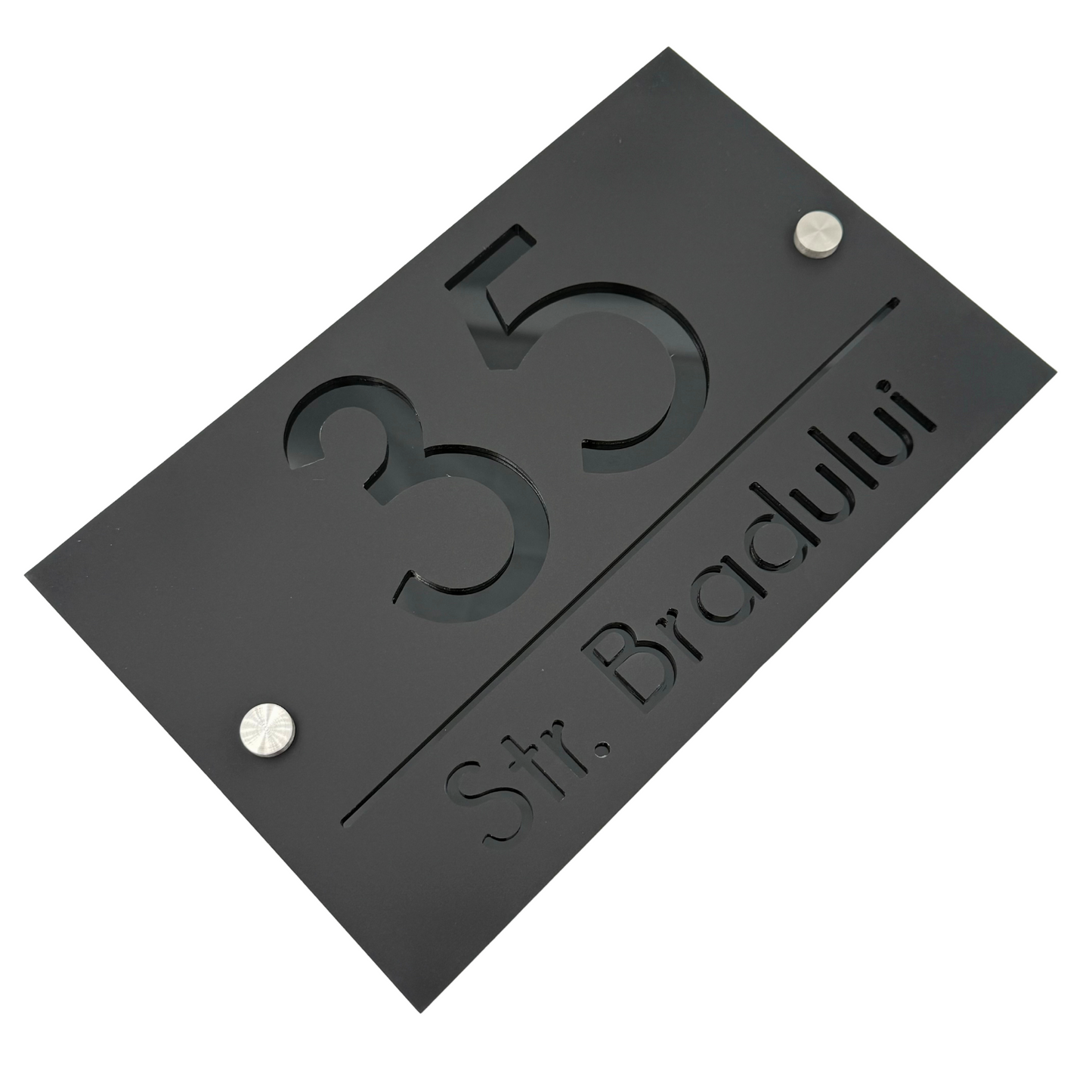 PREMIUM HOUSE NUMBER - Satin Black Glossy Black 2 Spacers Silver - 24×15 cm