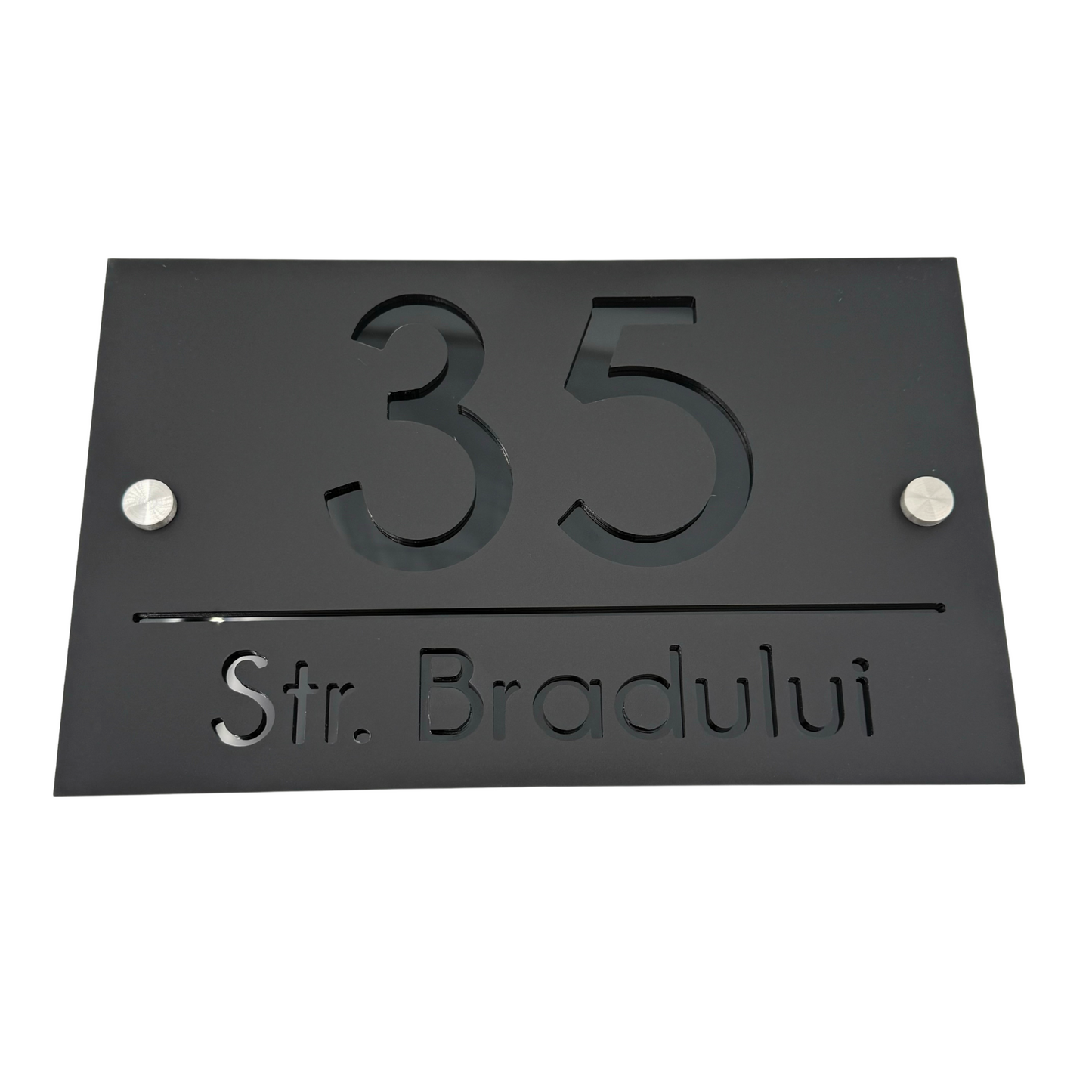 PREMIUM HOUSE NUMBER - Satin Black Glossy Black 2 Spacers Silver - 24×15 cm