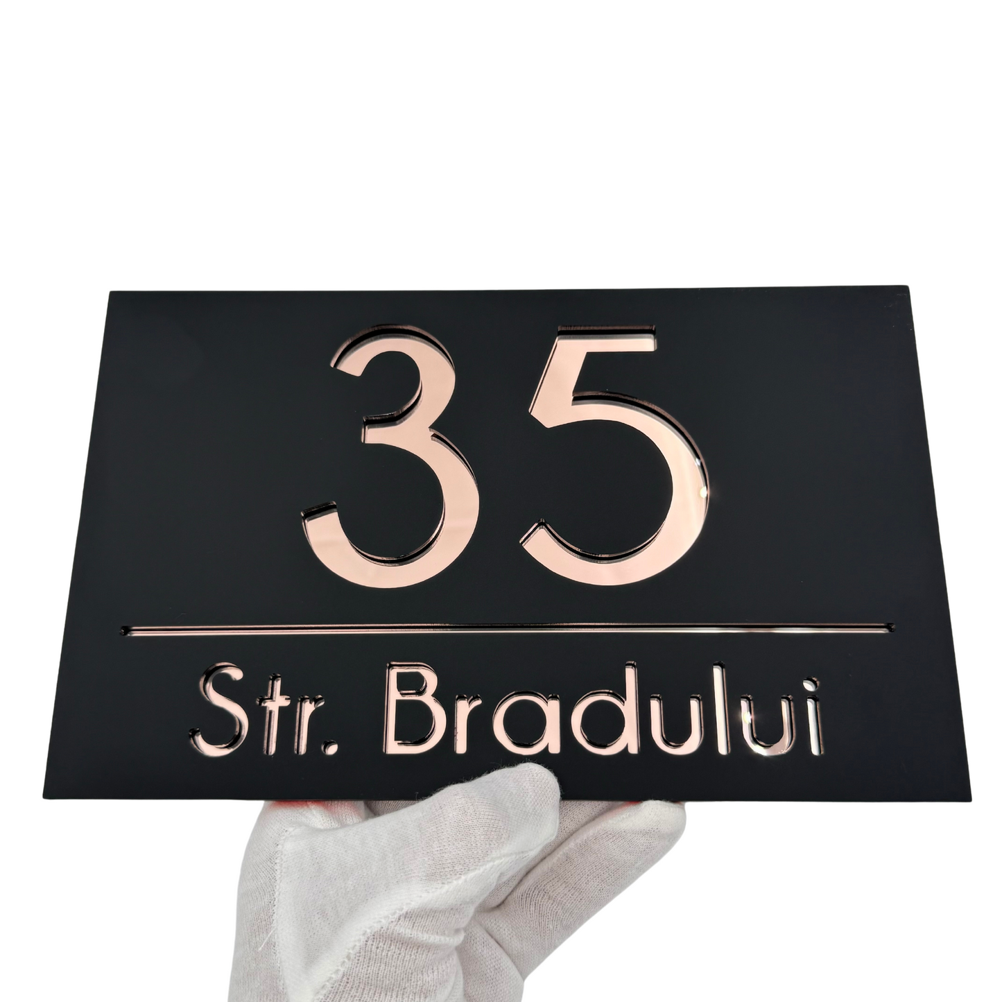 PREMIUM HOUSE NUMBER - Satin Black Rose Gold Mirror - 24×15 cm