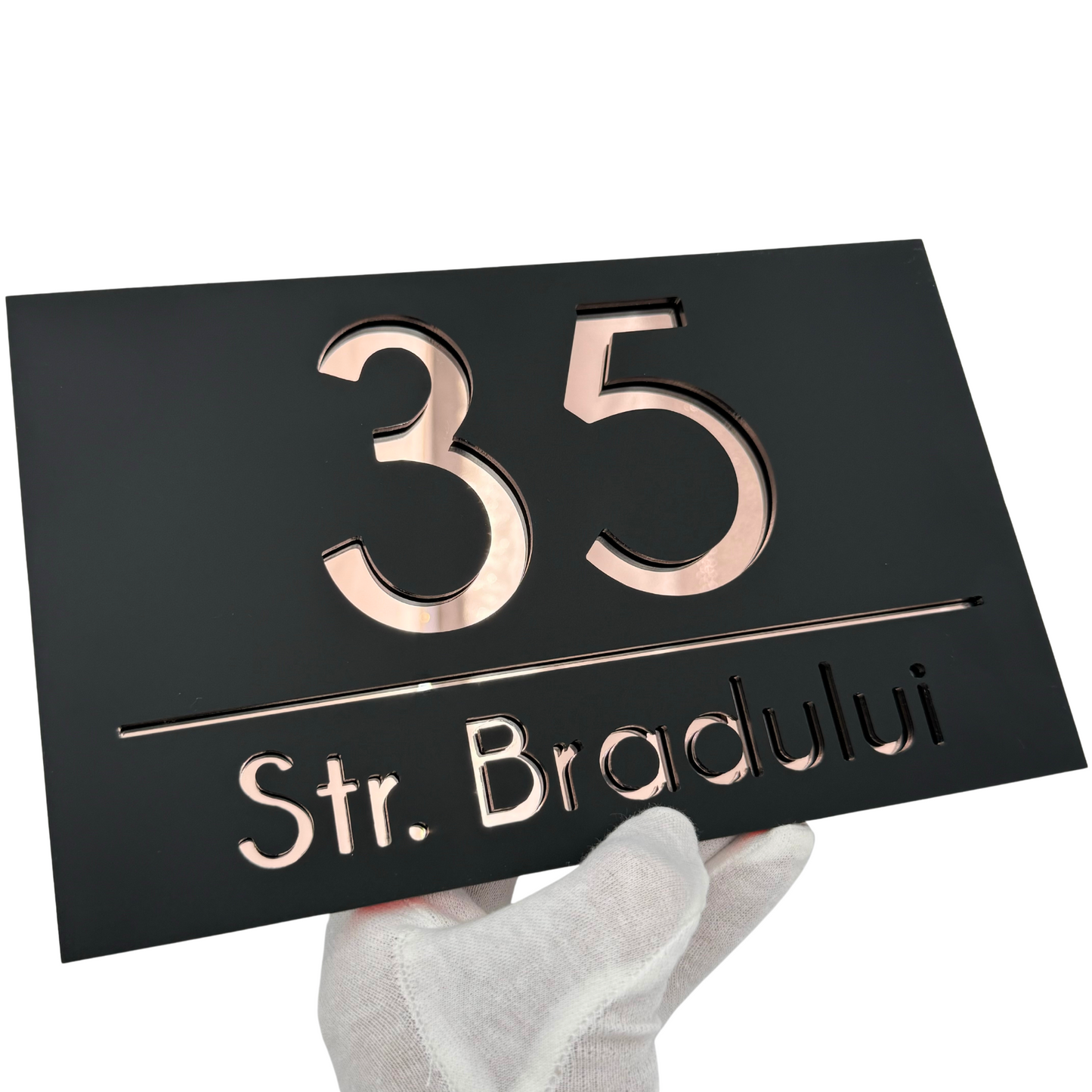 PREMIUM HOUSE NUMBER - Satin Black Rose Gold Mirror - 24×15 cm