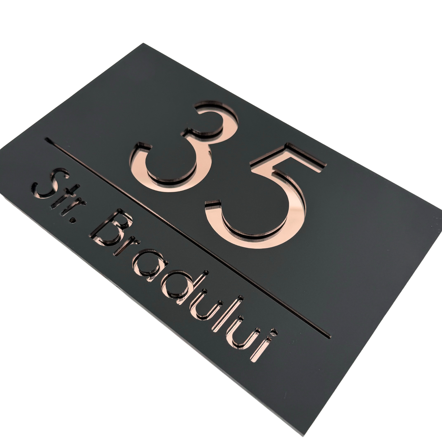 PREMIUM HOUSE NUMBER - Satin Black Rose Gold Mirror - 24×15 cm