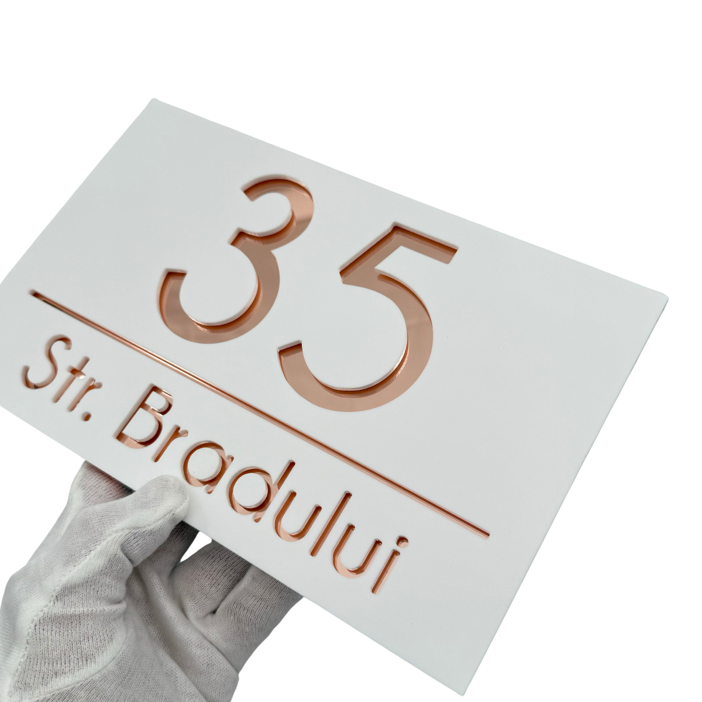 PREMIUM HOUSE NUMBER - White Satin Rose Gold Mirror - 24×15 cm
