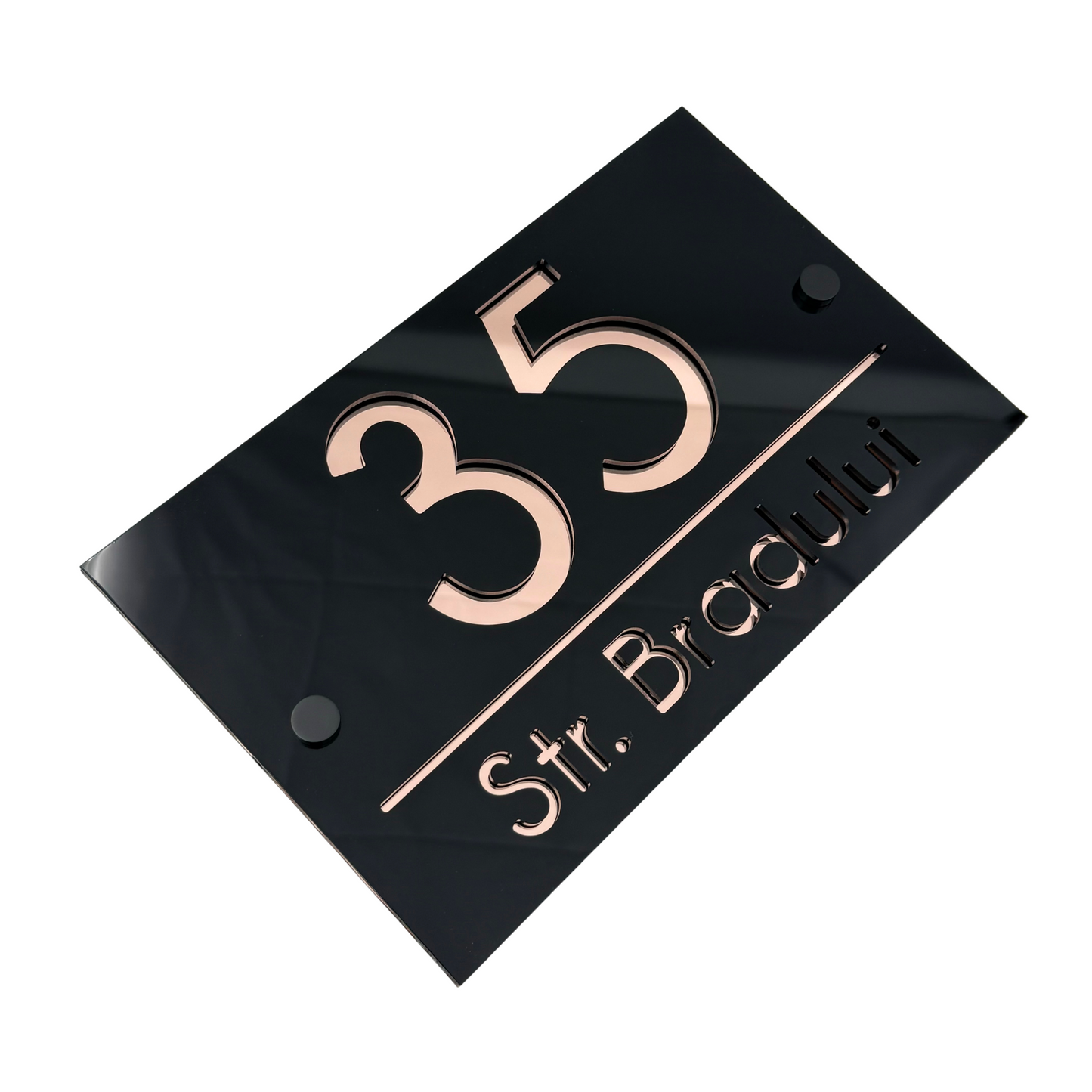 PREMIUM HOUSE NUMBER - Glossy Black Rose Gold Mirror 2 Spacers NeGreyi - 24×15 cm