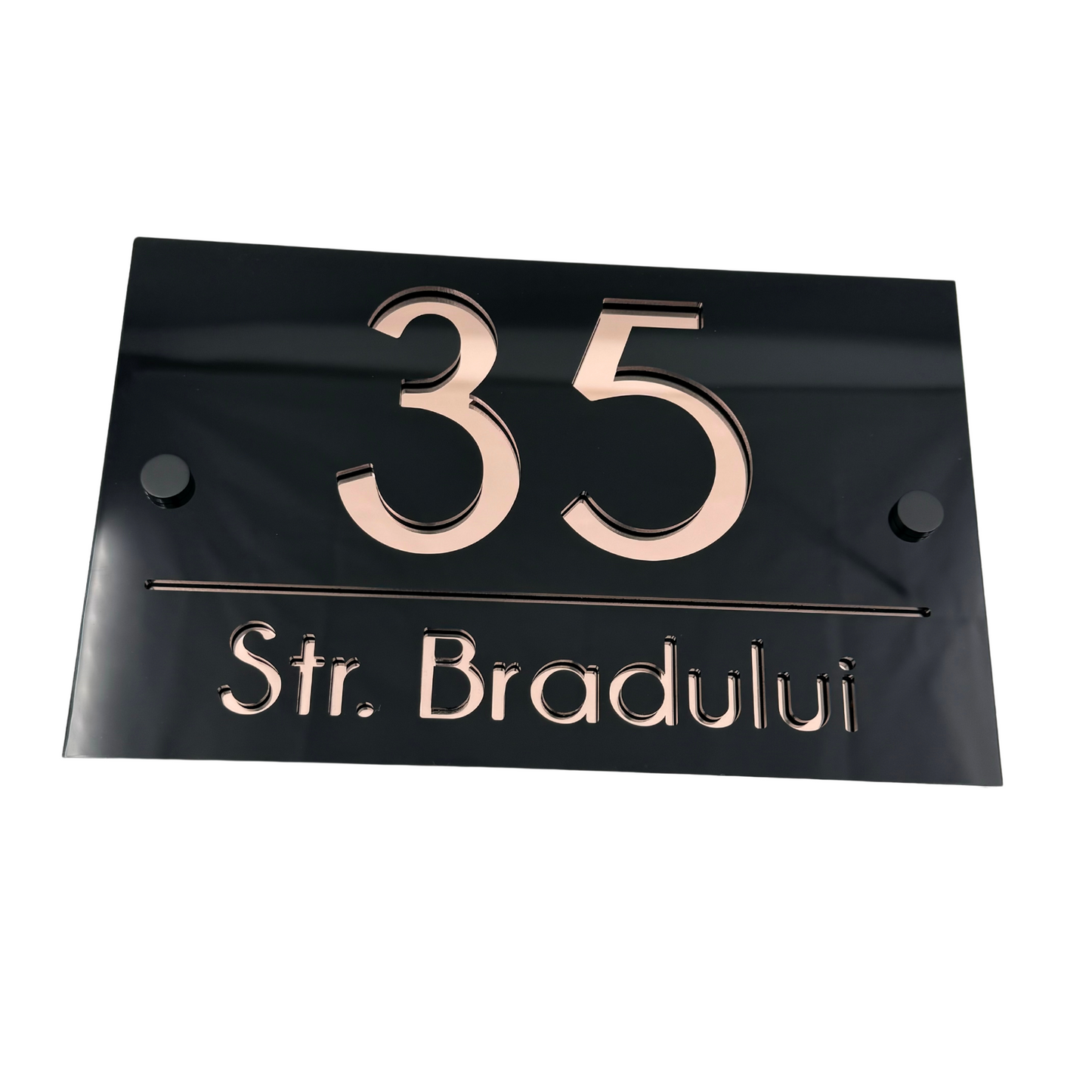 PREMIUM HOUSE NUMBER - Glossy Black Rose Gold Mirror 2 Spacers NeGreyi - 24×15 cm