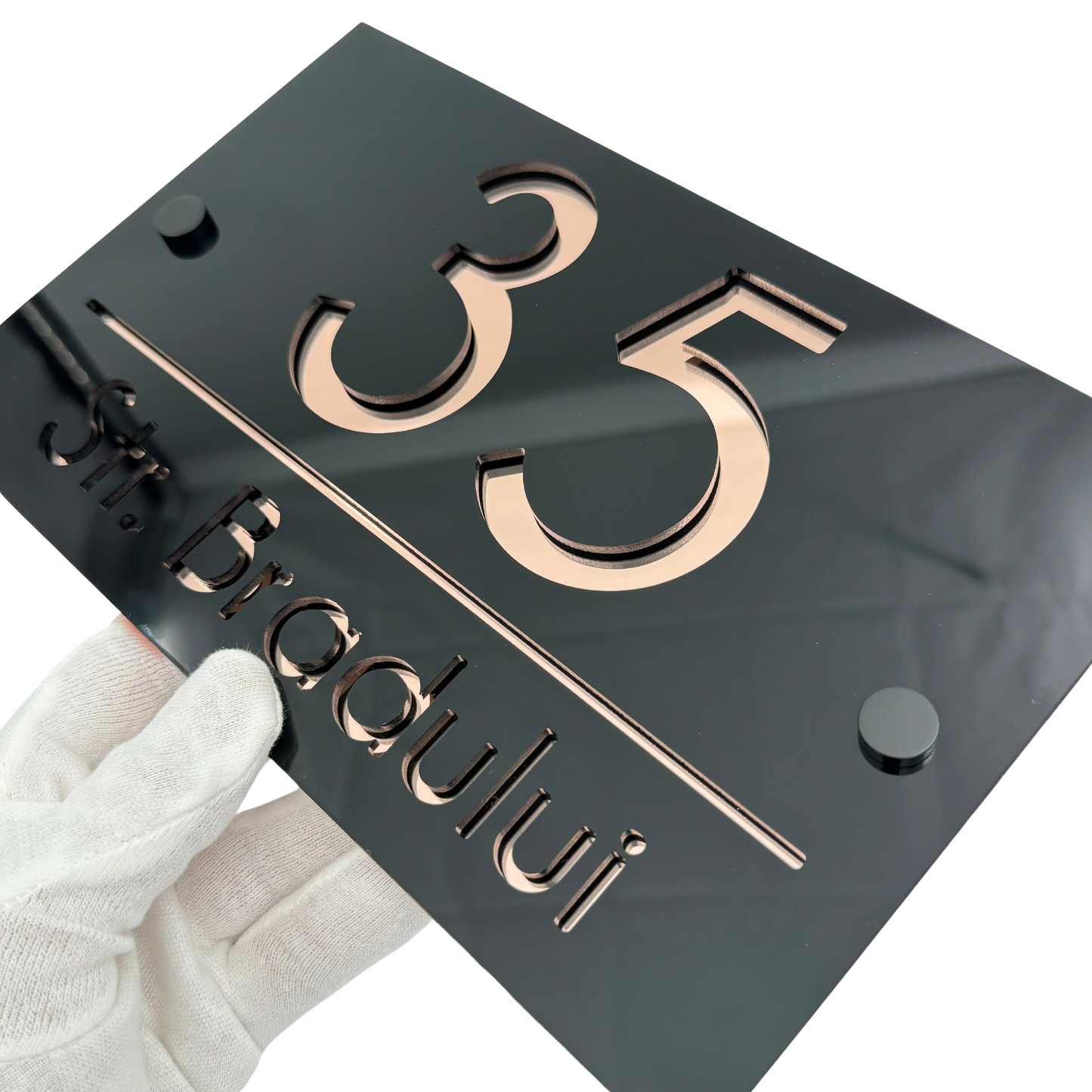 PREMIUM HOUSE NUMBER - Glossy Black Rose Gold Mirror 2 Spacers NeGreyi - 24×15 cm