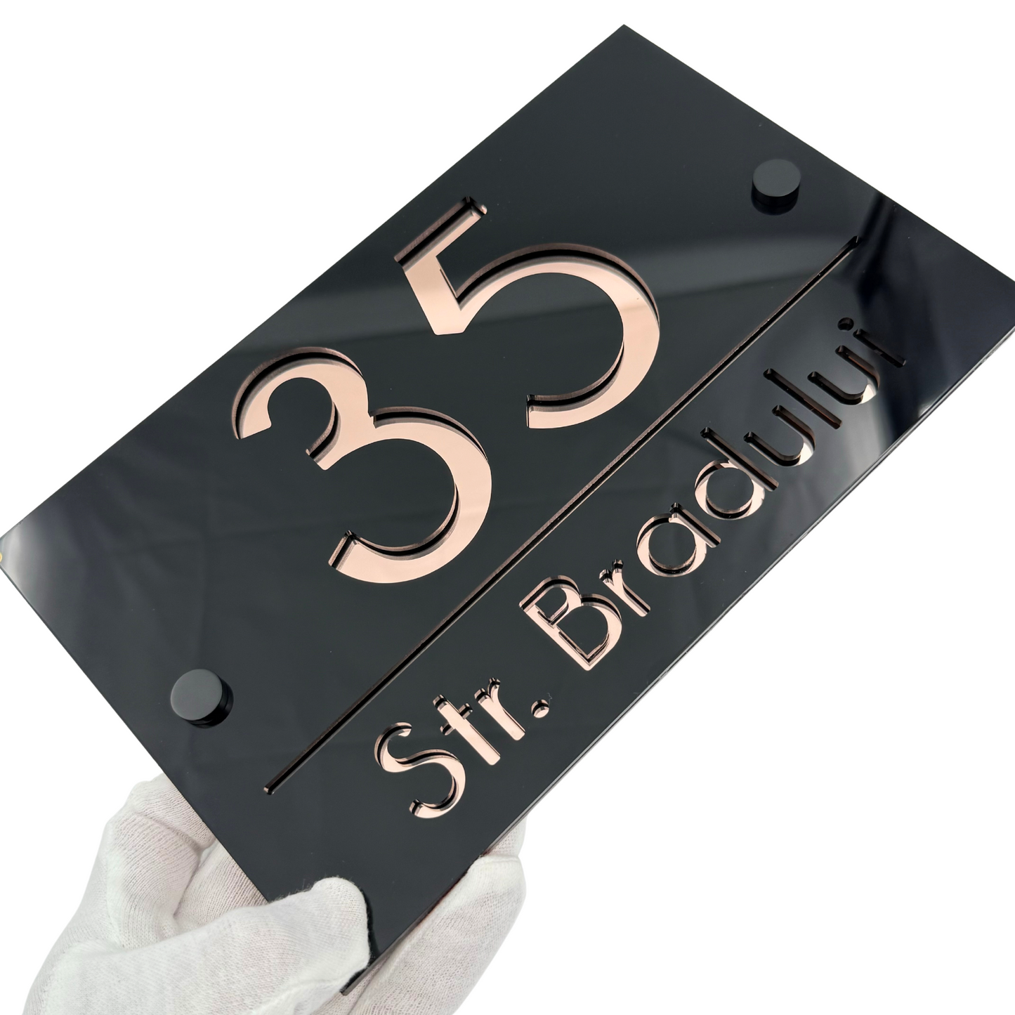 PREMIUM HOUSE NUMBER - Glossy Black Rose Gold Mirror 2 Spacers NeGreyi - 24×15 cm