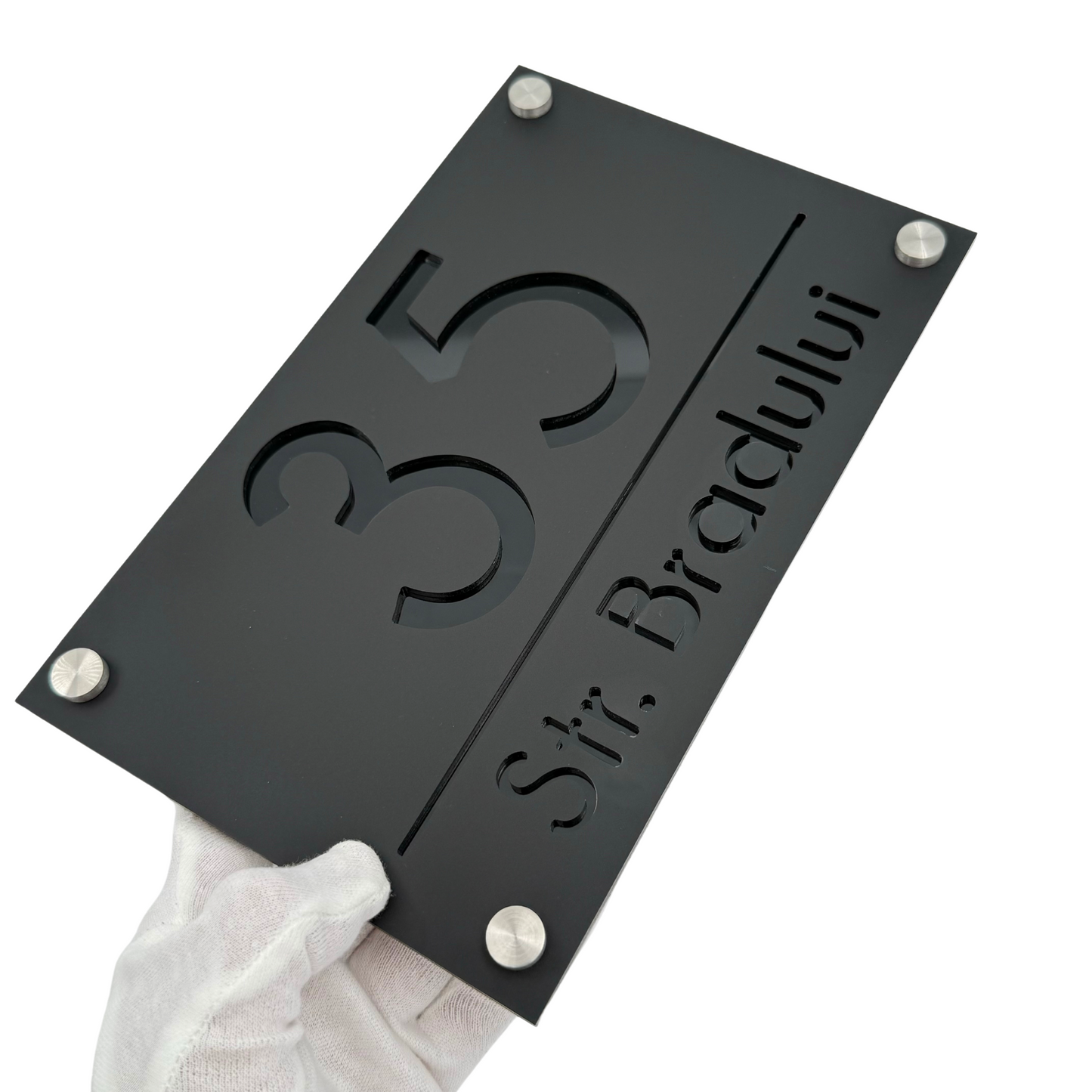 PREMIUM HOUSE NUMBER - Satin Black Glossy Black 4 Spacers Silver - 24×15 cm