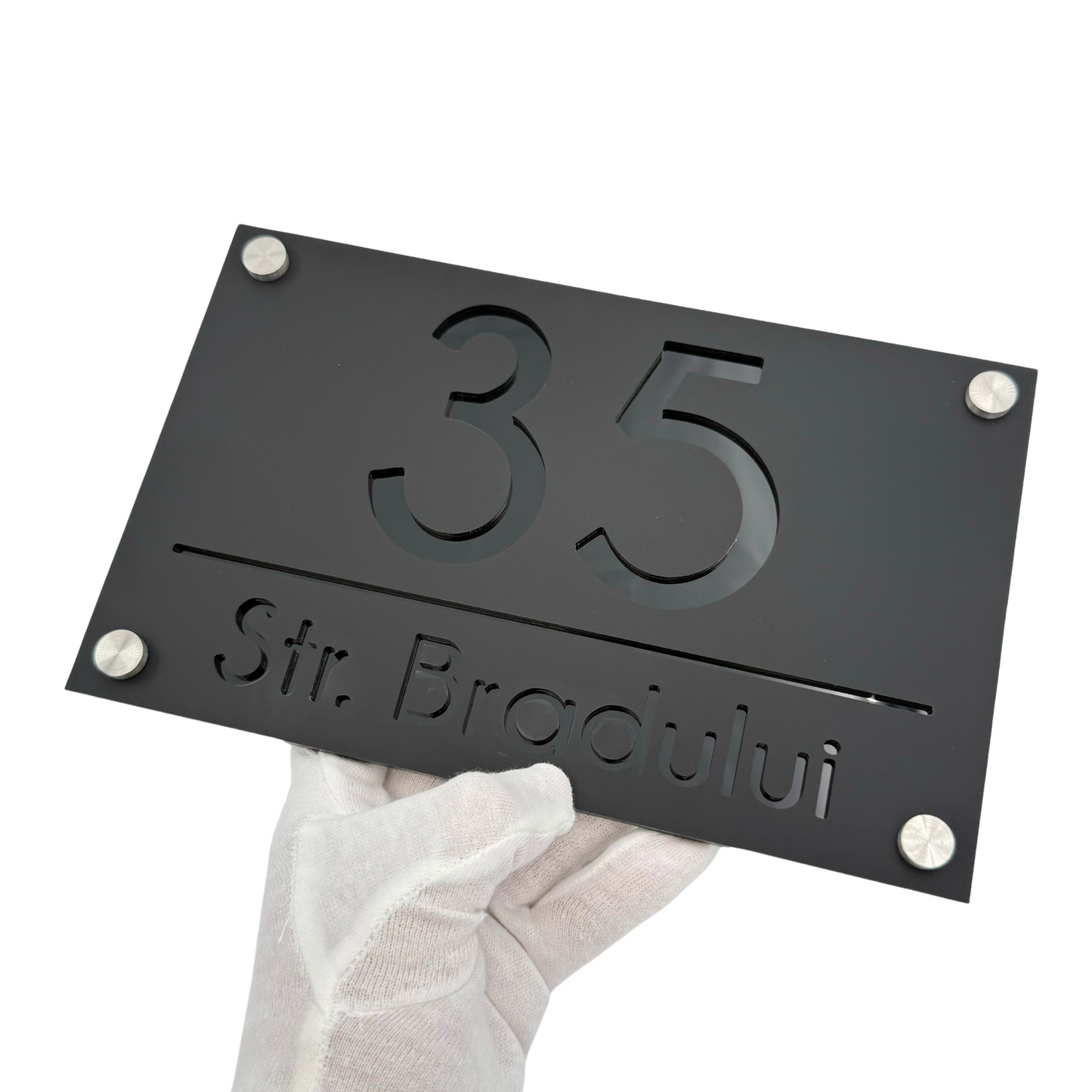 PREMIUM HOUSE NUMBER - Satin Black Glossy Black 4 Spacers Silver - 24×15 cm