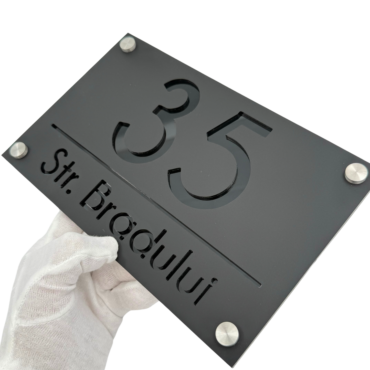 PREMIUM HOUSE NUMBER - Satin Black Glossy Black 4 Spacers Silver - 24×15 cm