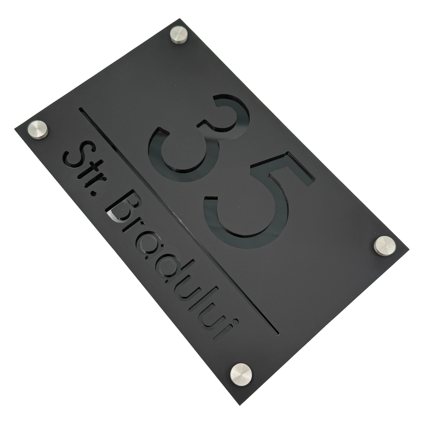 PREMIUM HOUSE NUMBER - Satin Black Glossy Black 4 Spacers Silver - 24×15 cm