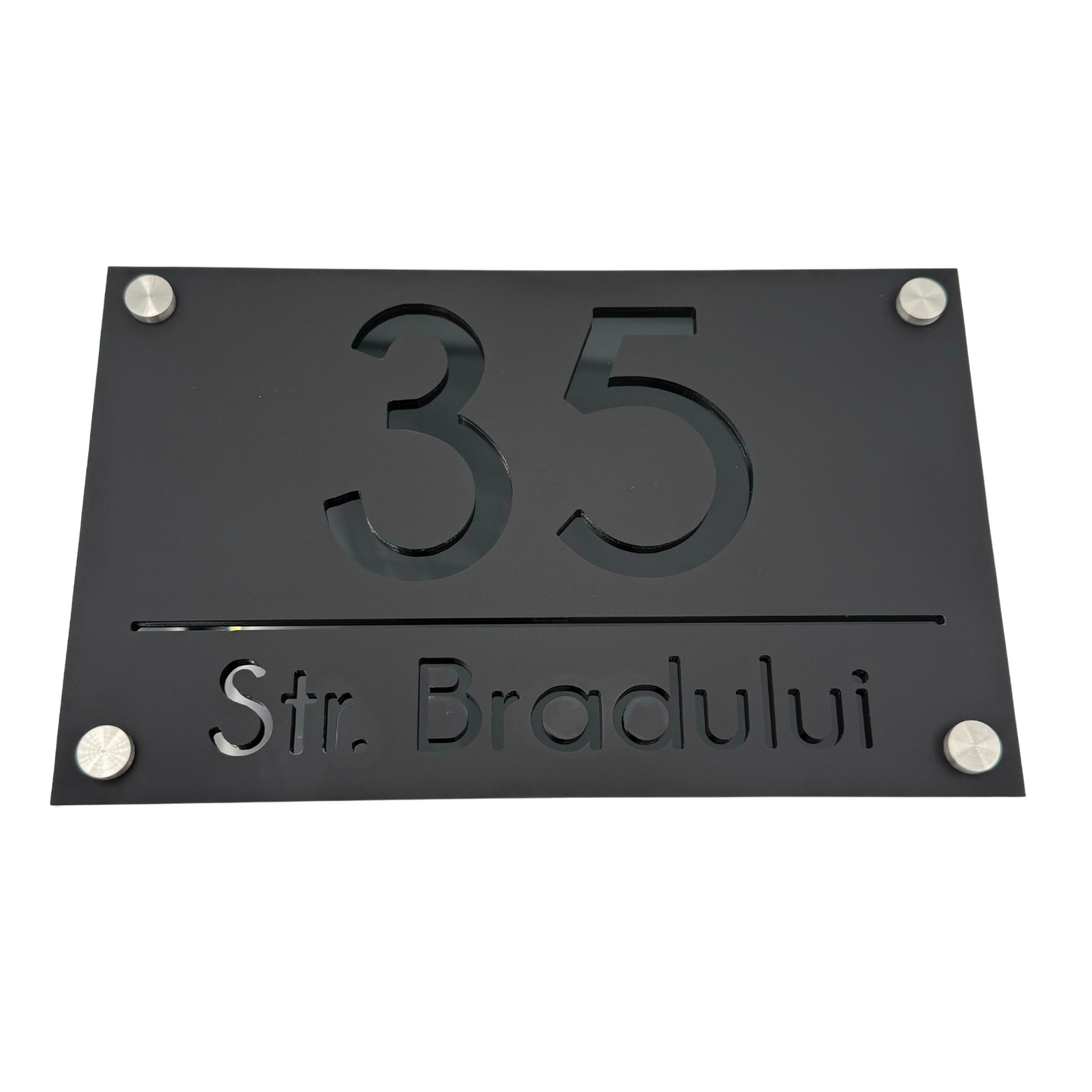 PREMIUM HOUSE NUMBER - Satin Black Glossy Black 4 Spacers Silver - 24×15 cm