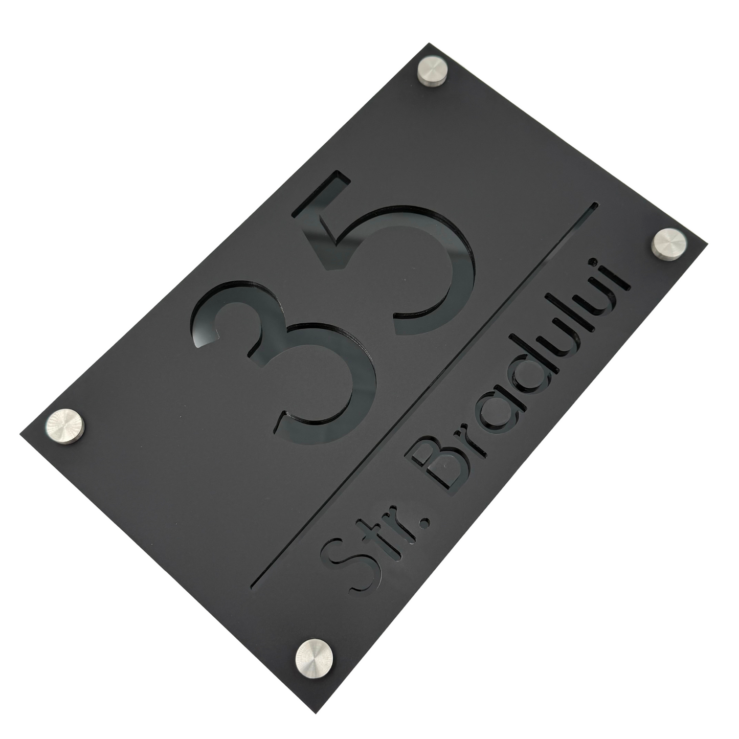 PREMIUM HOUSE NUMBER - Satin Black Glossy Black 4 Spacers Silver - 24×15 cm
