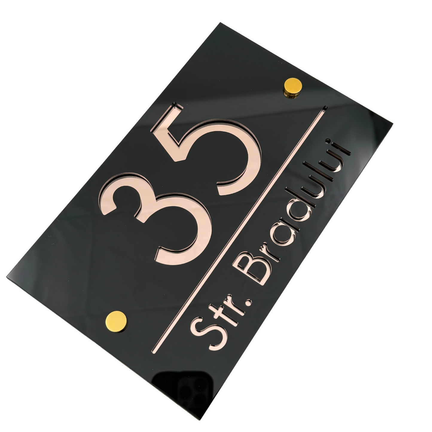 PREMIUM HOUSE NUMBER - Glossy Black Rose Gold Mirror 2 Spacers Gold - 24×15 cm