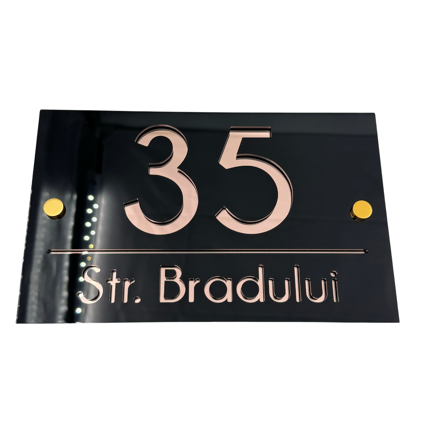 PREMIUM HOUSE NUMBER - Glossy Black Rose Gold Mirror 2 Spacers Gold - 24×15 cm