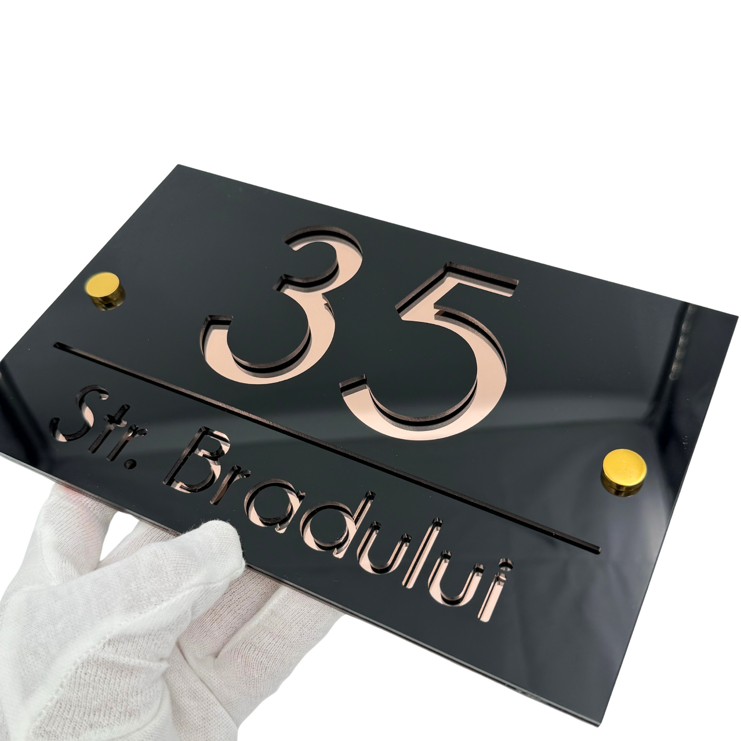 PREMIUM HOUSE NUMBER - Glossy Black Rose Gold Mirror 2 Spacers Gold - 24×15 cm