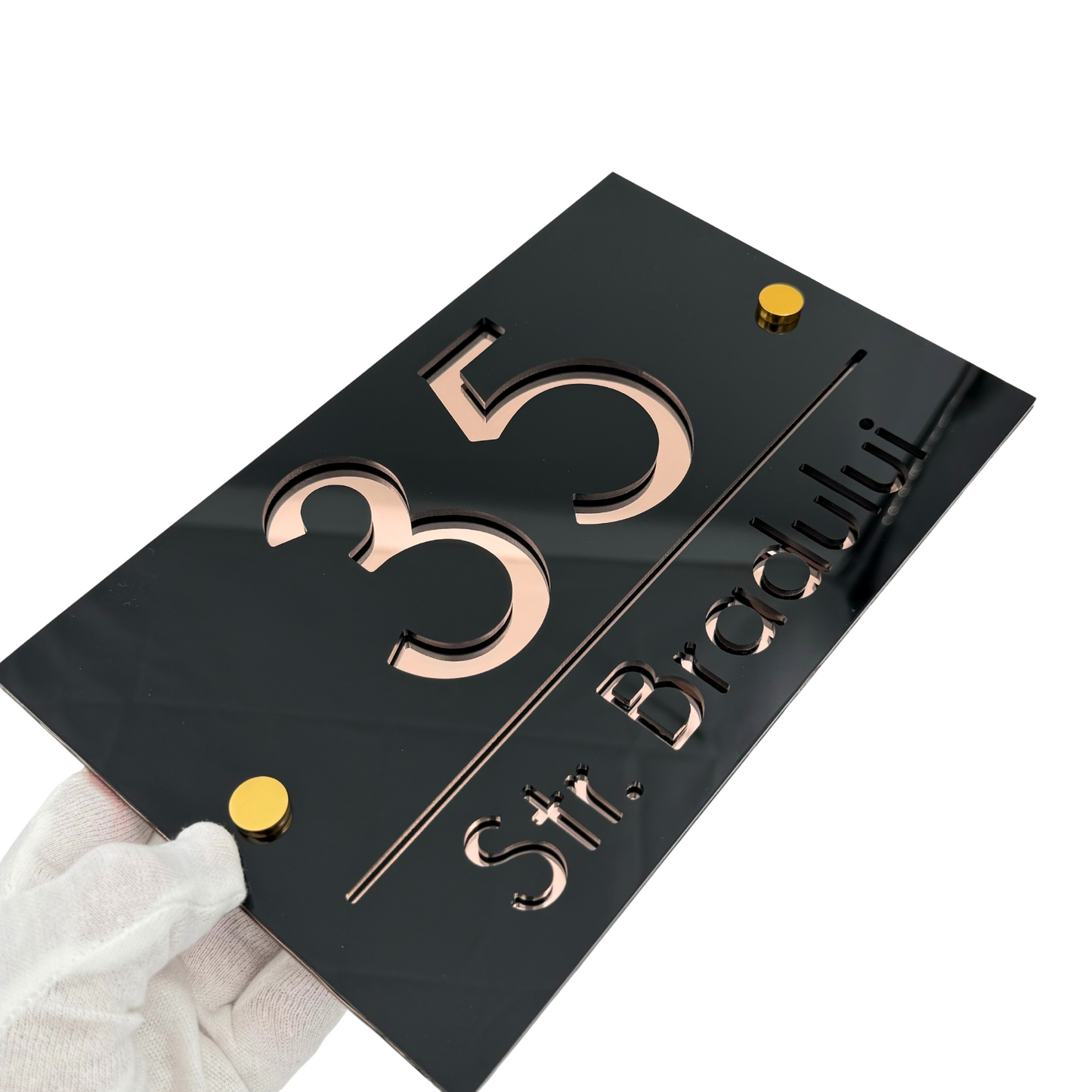 PREMIUM HOUSE NUMBER - Glossy Black Rose Gold Mirror 2 Spacers Gold - 24×15 cm
