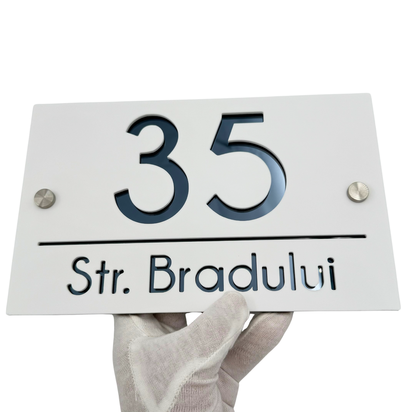 PREMIUM HOUSE NUMBER - White Satin Anthracite Grey Mirror 2 Spacers Silver - 24×15 cm