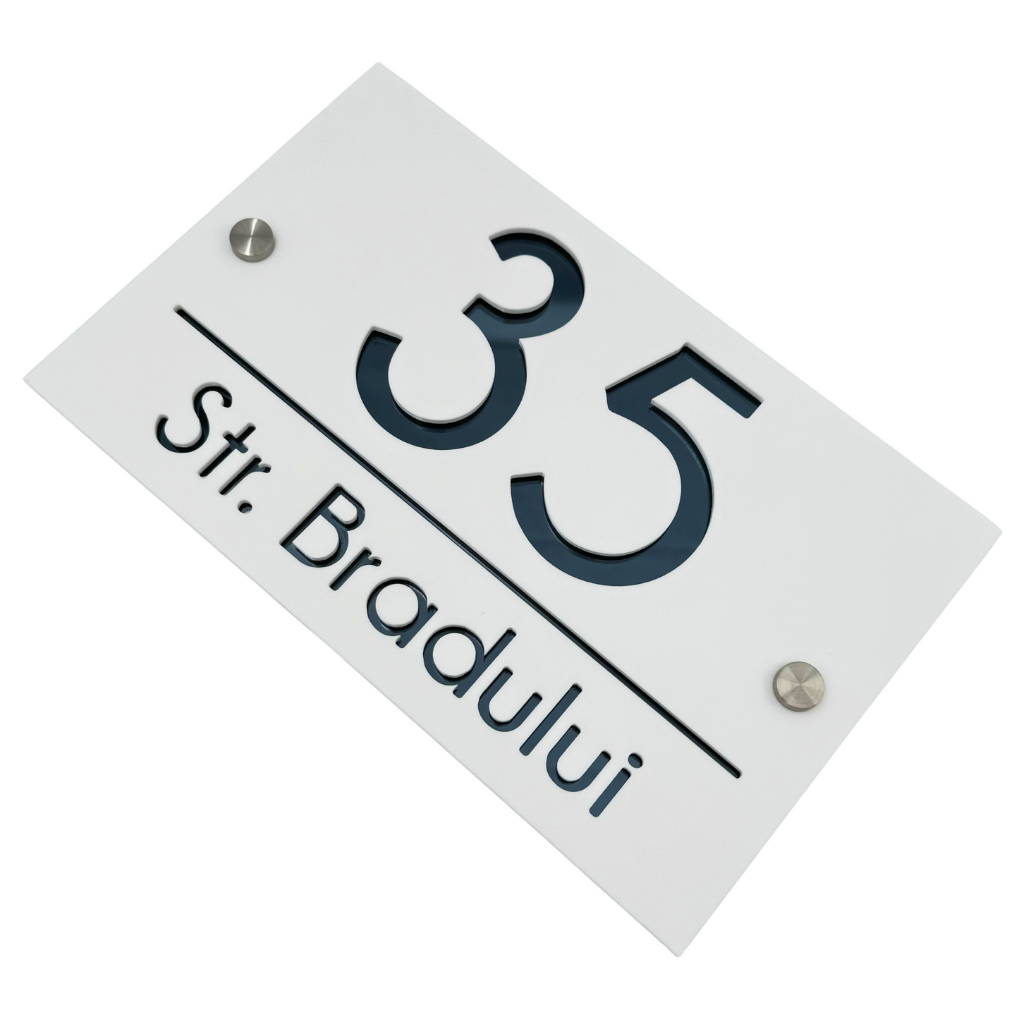 PREMIUM HOUSE NUMBER - White Satin Anthracite Grey Mirror 2 Spacers Silver - 24×15 cm