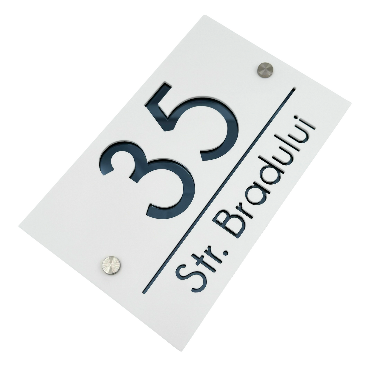 PREMIUM HOUSE NUMBER - White Satin Anthracite Grey Mirror 2 Spacers Silver - 24×15 cm
