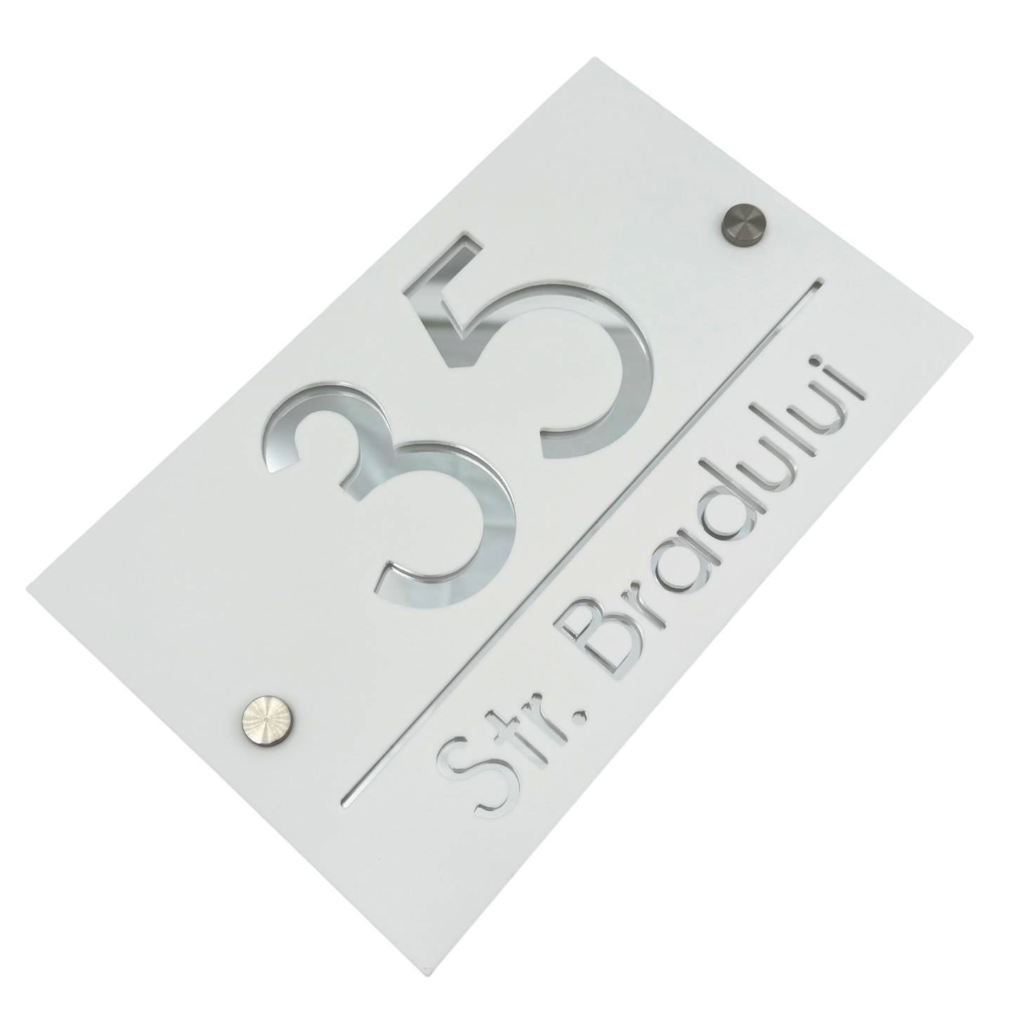 PREMIUM HOUSE NUMBER - White Satin Silver Mirror 2 Spacers Silver - 24×15 cm