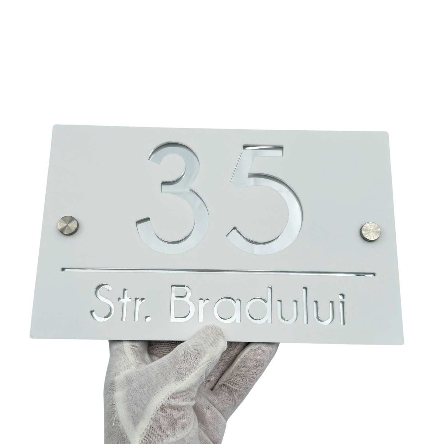 PREMIUM HOUSE NUMBER - White Satin Silver Mirror 2 Spacers Silver - 24×15 cm