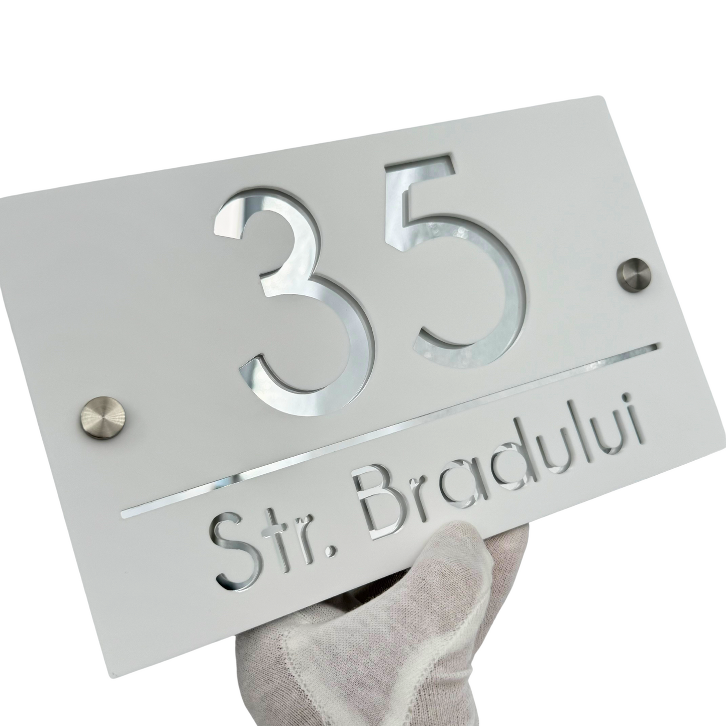 PREMIUM HOUSE NUMBER - White Satin Silver Mirror 2 Spacers Silver - 24×15 cm