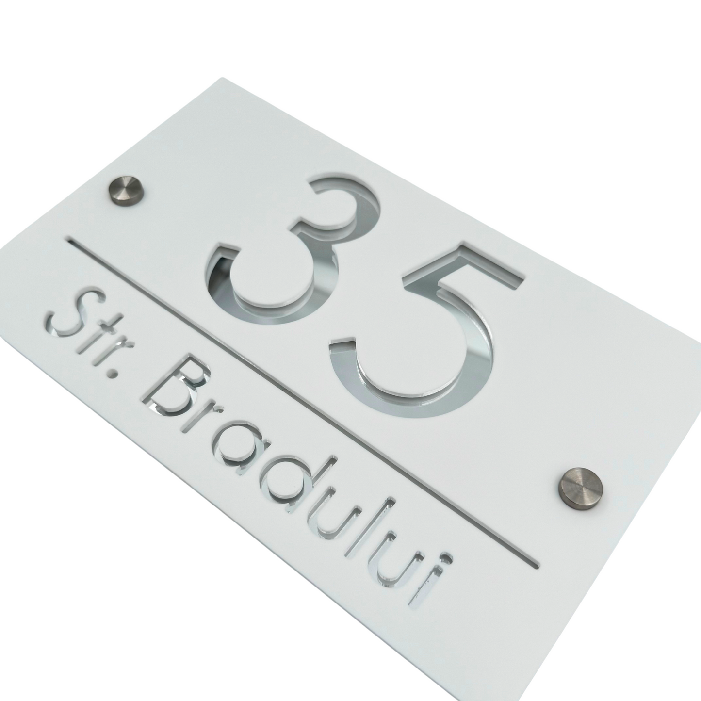 PREMIUM HOUSE NUMBER - White Satin Silver Mirror 2 Spacers Silver - 24×15 cm