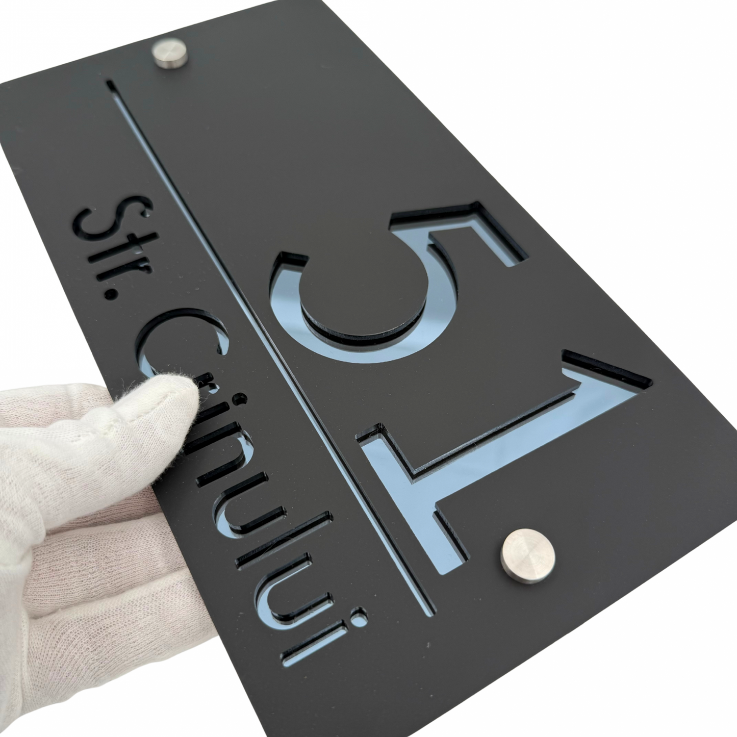 PREMIUM HOUSE NUMBER - Satin Black Anthracite Grey Mirror 2 Spacers Silver - 28×15 cm